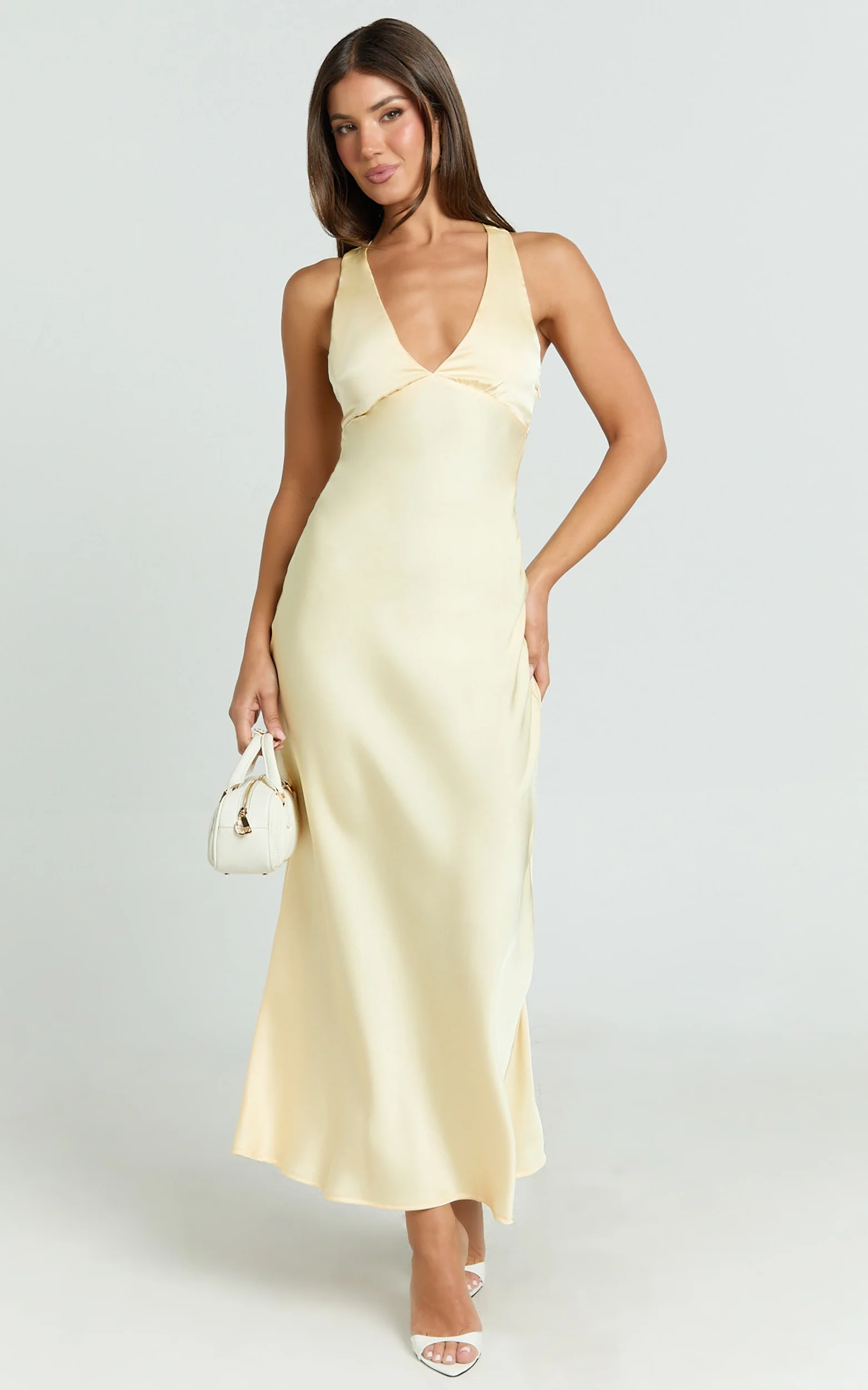 Khalani Midi Dress - Deep V Neck Satin Slip Dress in Butter Yellow