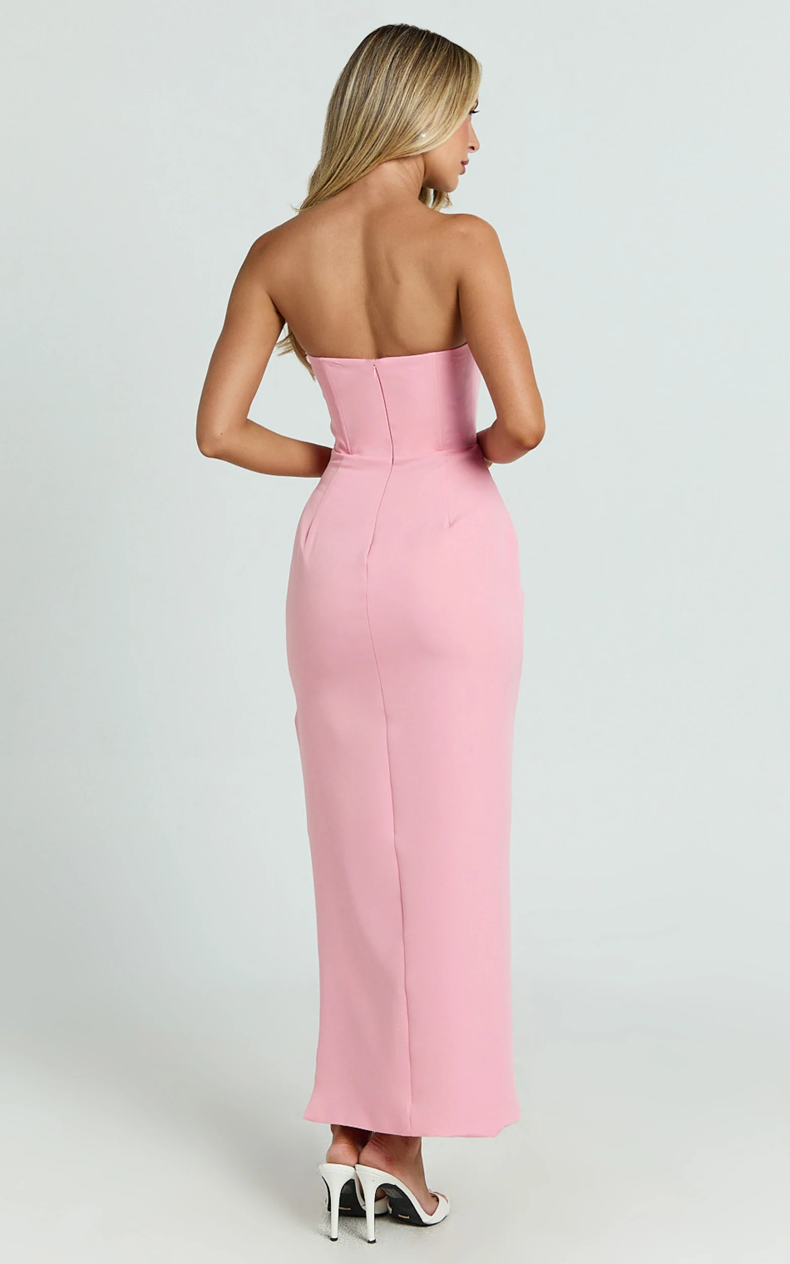 Avery Midi Dress - Strapless Draped Side Split Dress in Pink