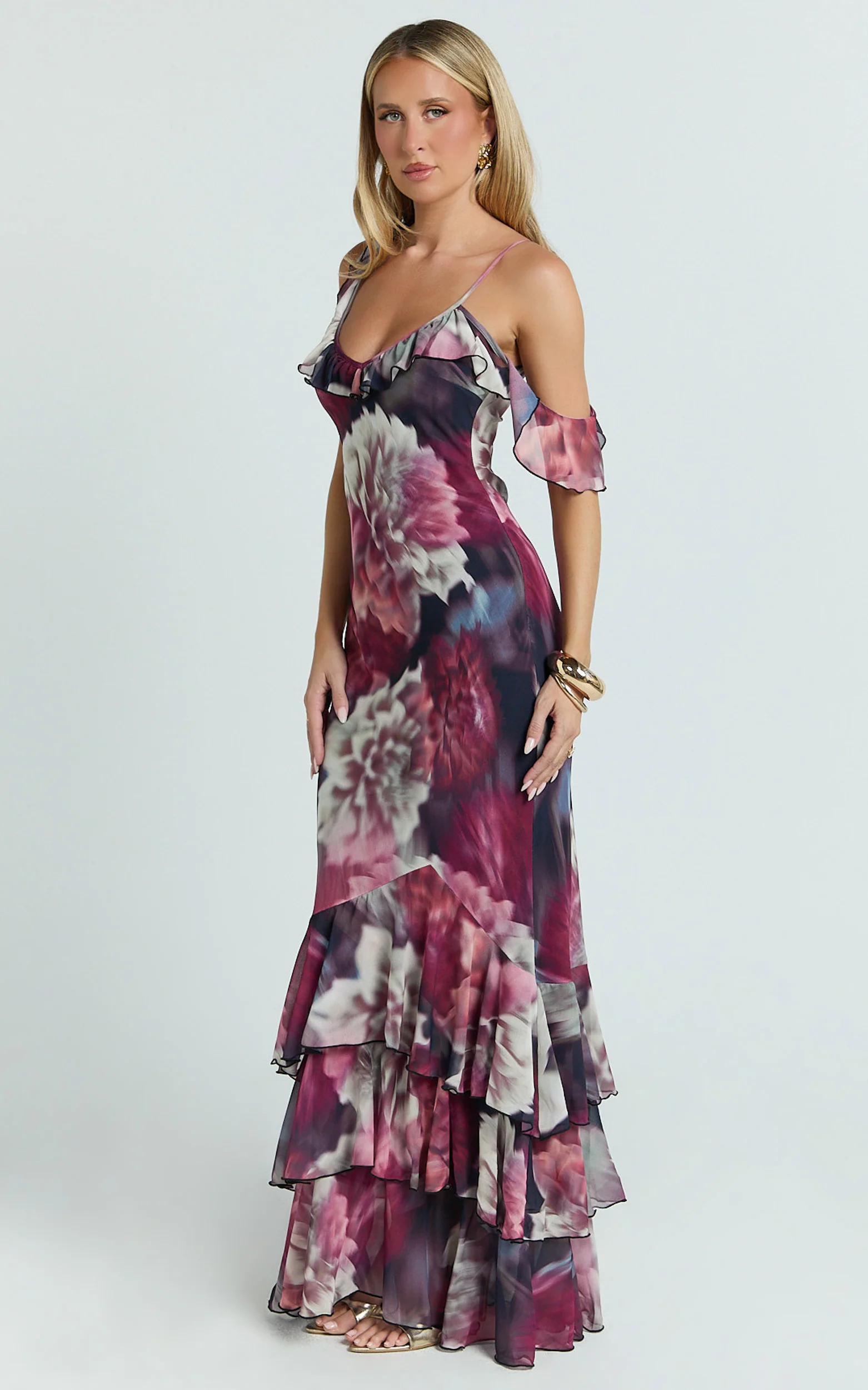 Riley Maxi Dress - Asymmetric Ruffle Detail Maxi Dress in Mariache Rose