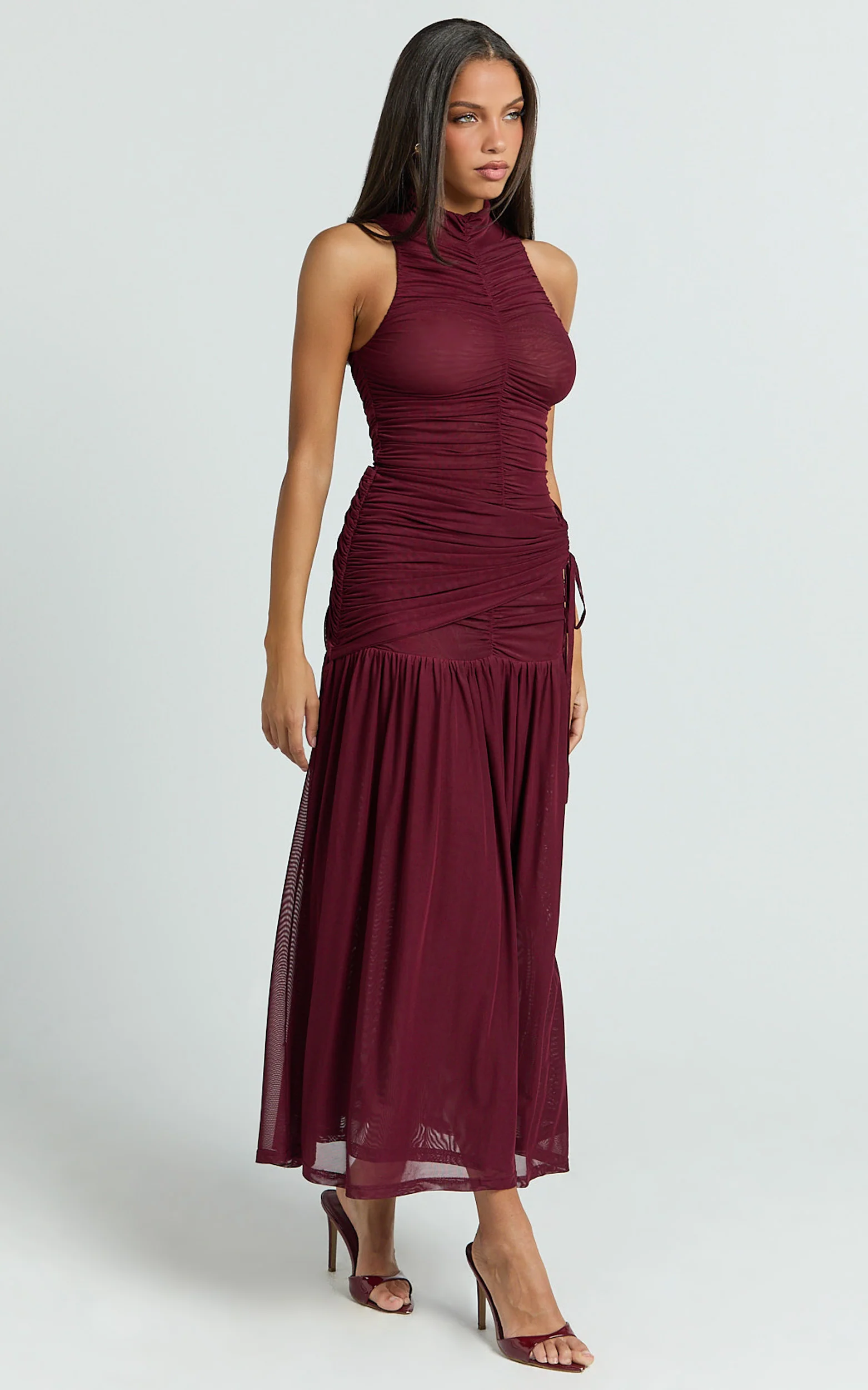 Metzie Maxi Dress - High Neck Gathered Mesh Dress in Burgundy