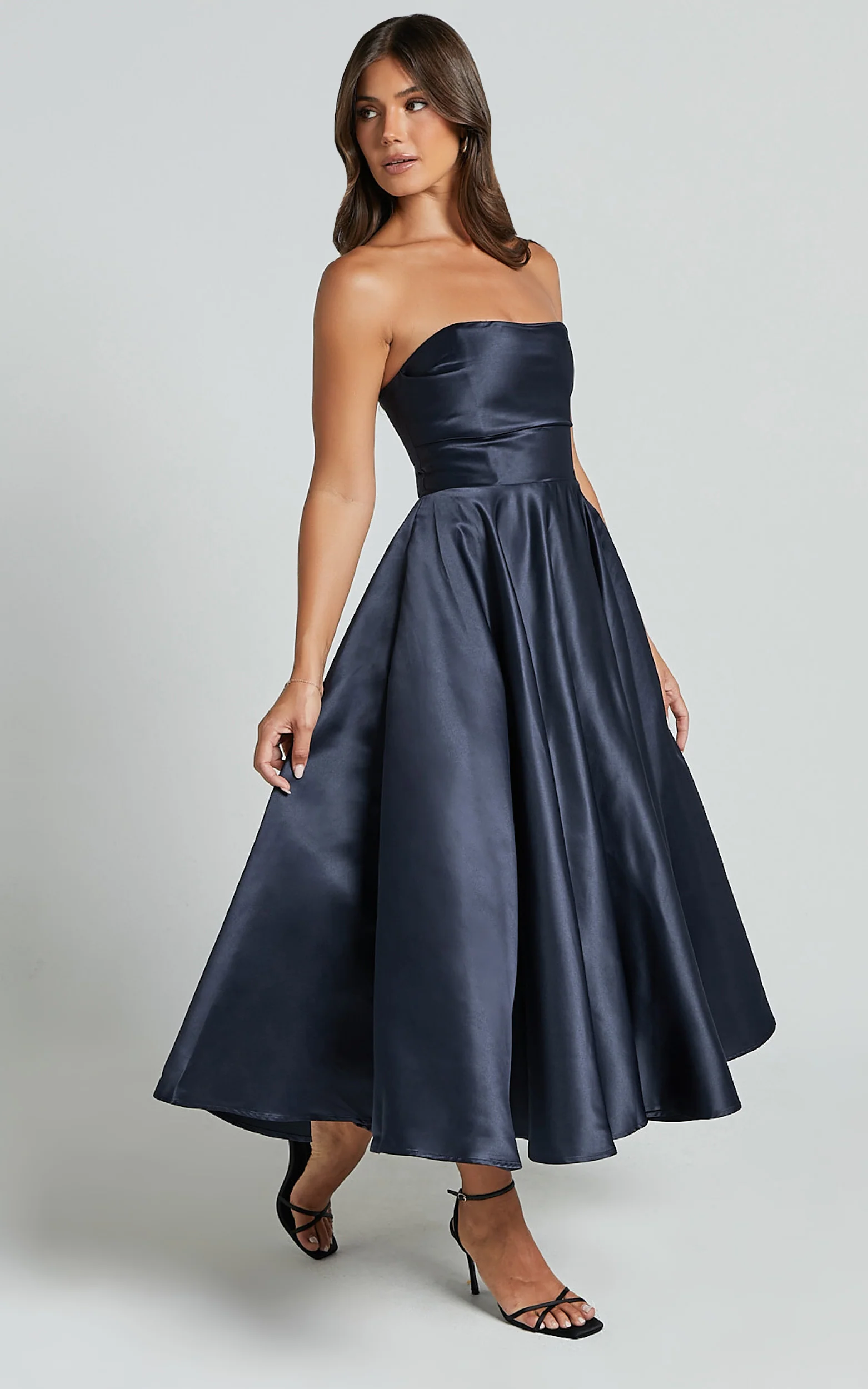 Helaina Midi Dress - Line Satin Dress in Navy