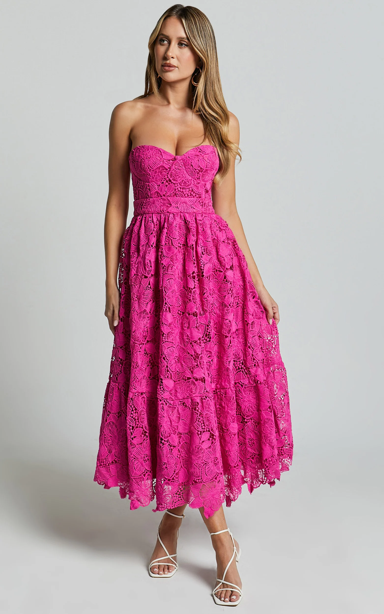 Gabriela Midi Dress - Strapless Lace Dress in Magenta