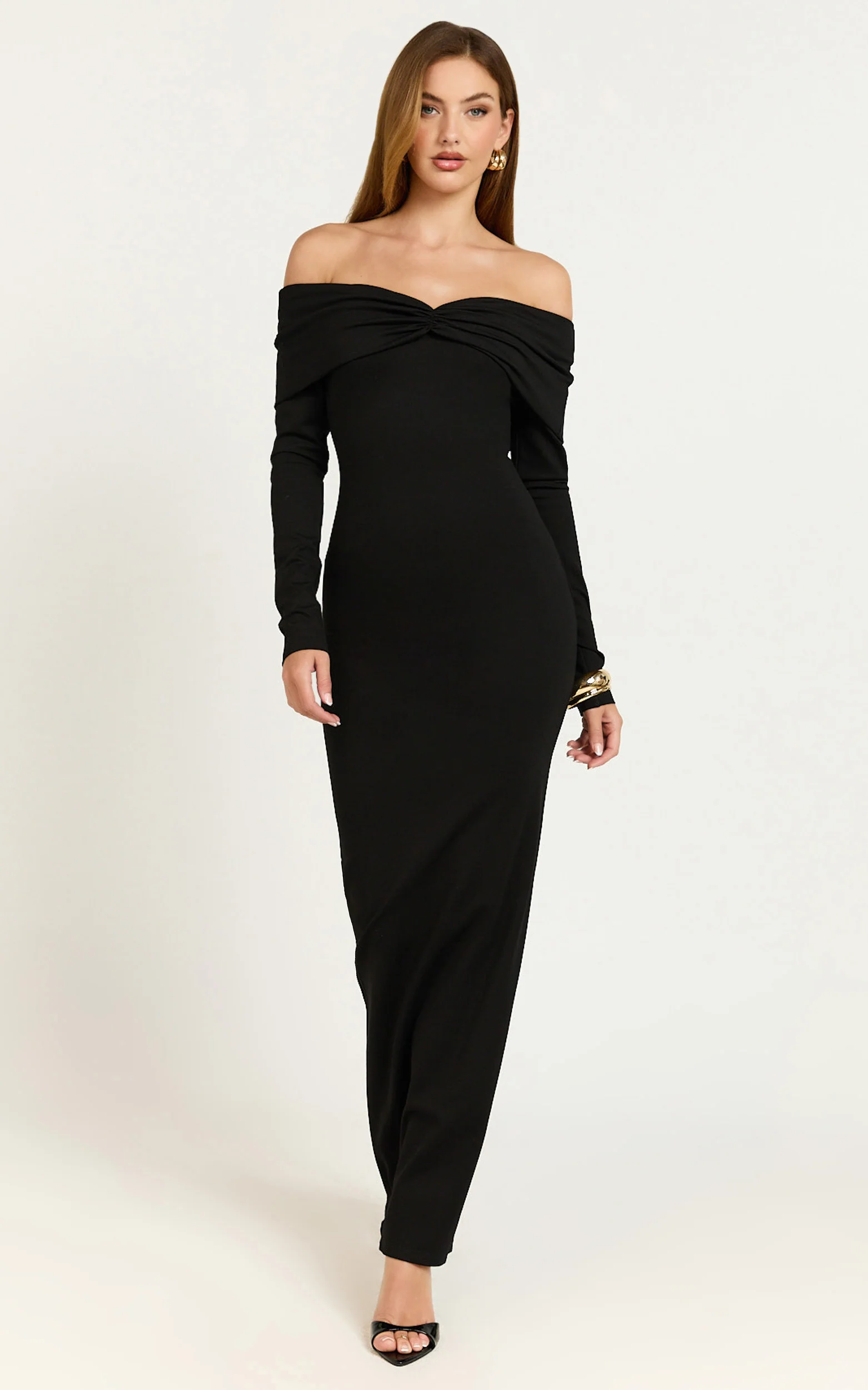 Rani Maxi Dress - Off Shoulder Long Sleeve Bodycon Dress in Black
