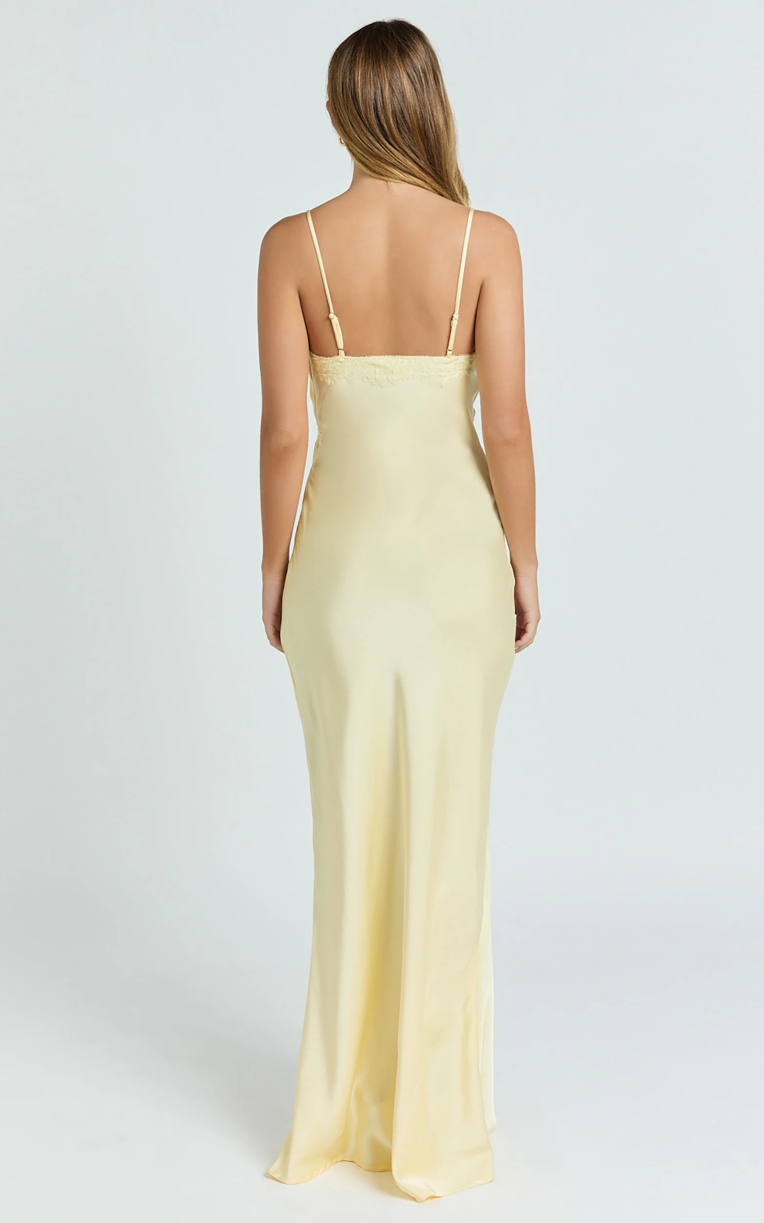 Liliane Maxi Dress - Lace Trim Bias Cut Dress in Lemon