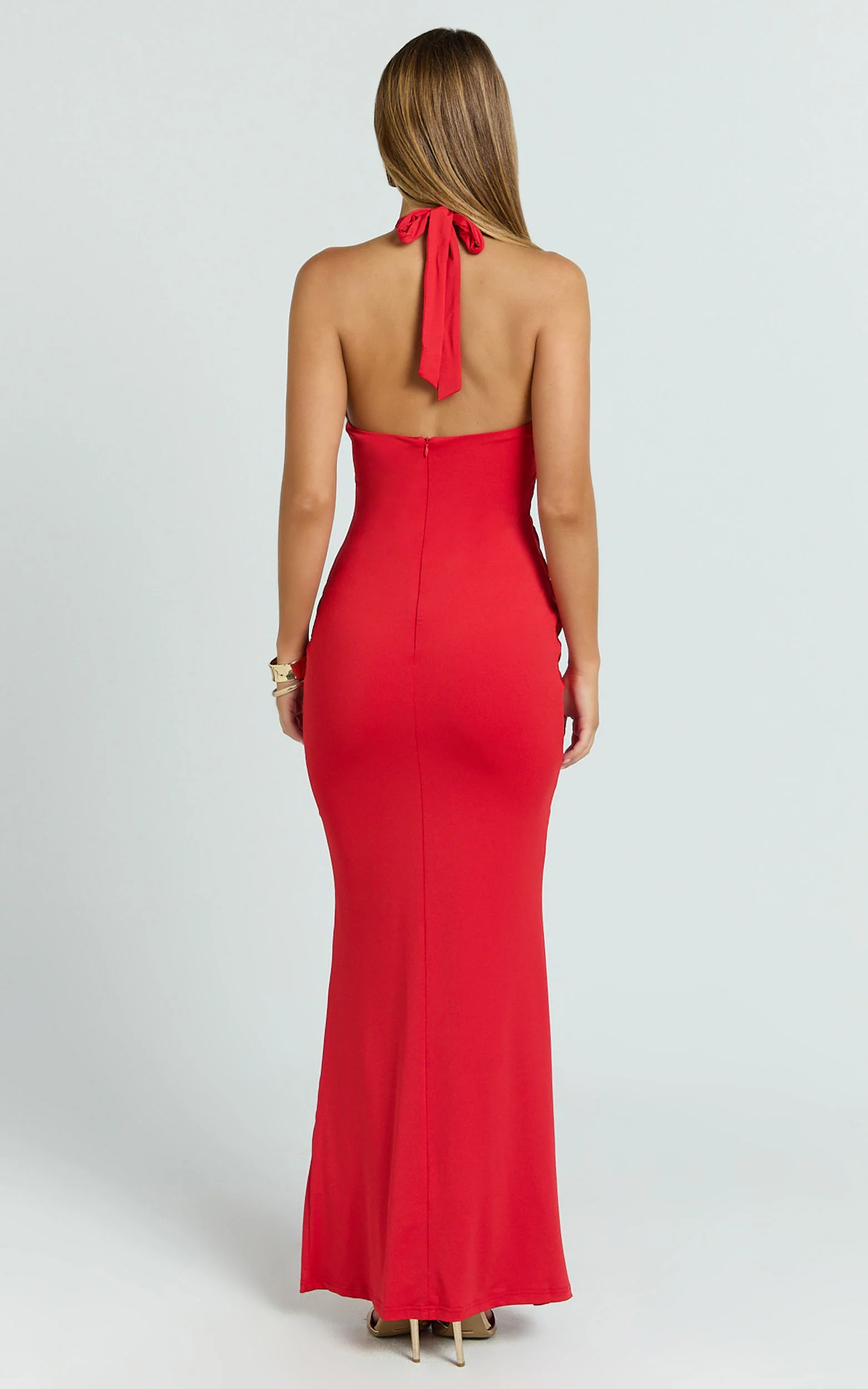 Heath Maxi Dress - Scoop Halter Neck With Drape Front Skirt Back Split Dress in Red