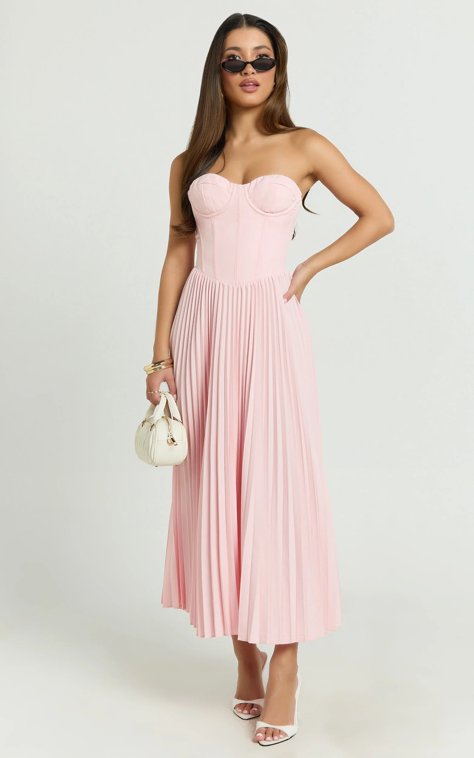 Loretta Midi Dress - Lace Up Back Bustier Pleated Dress in Soft Pink