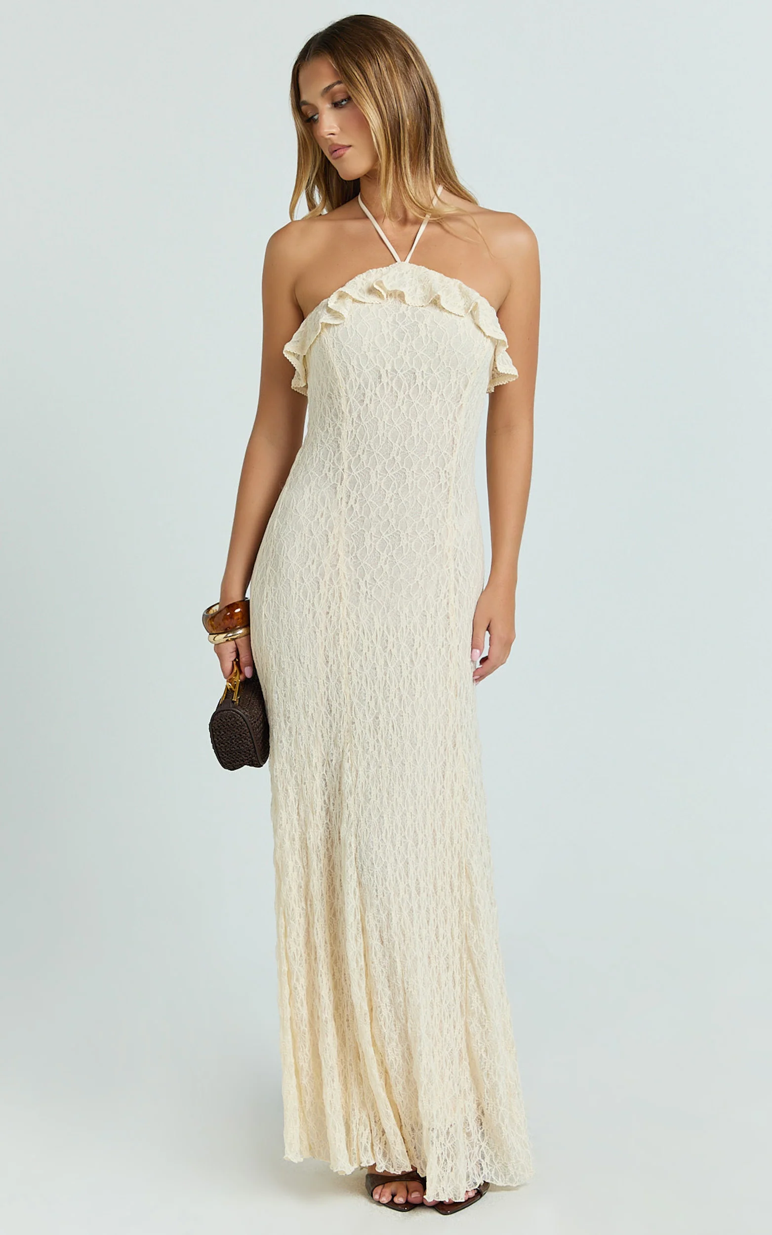 Rhea Maxi Dress - Lace Ruffle Halter A Line Godet Dress in Cream