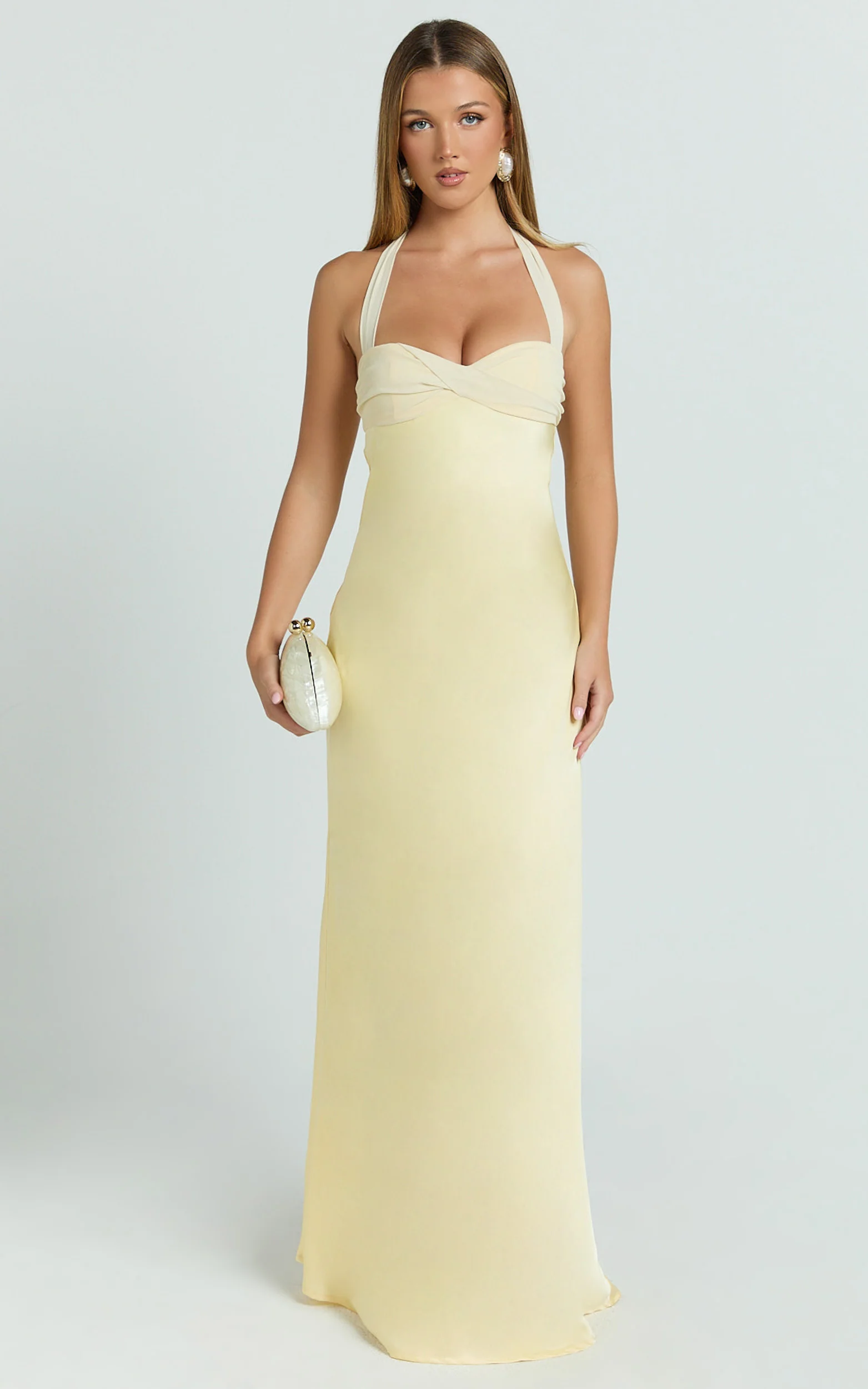 Flynn Maxi Dress - Satin Halter Sweetheart Neck Dress in Butter Yellow