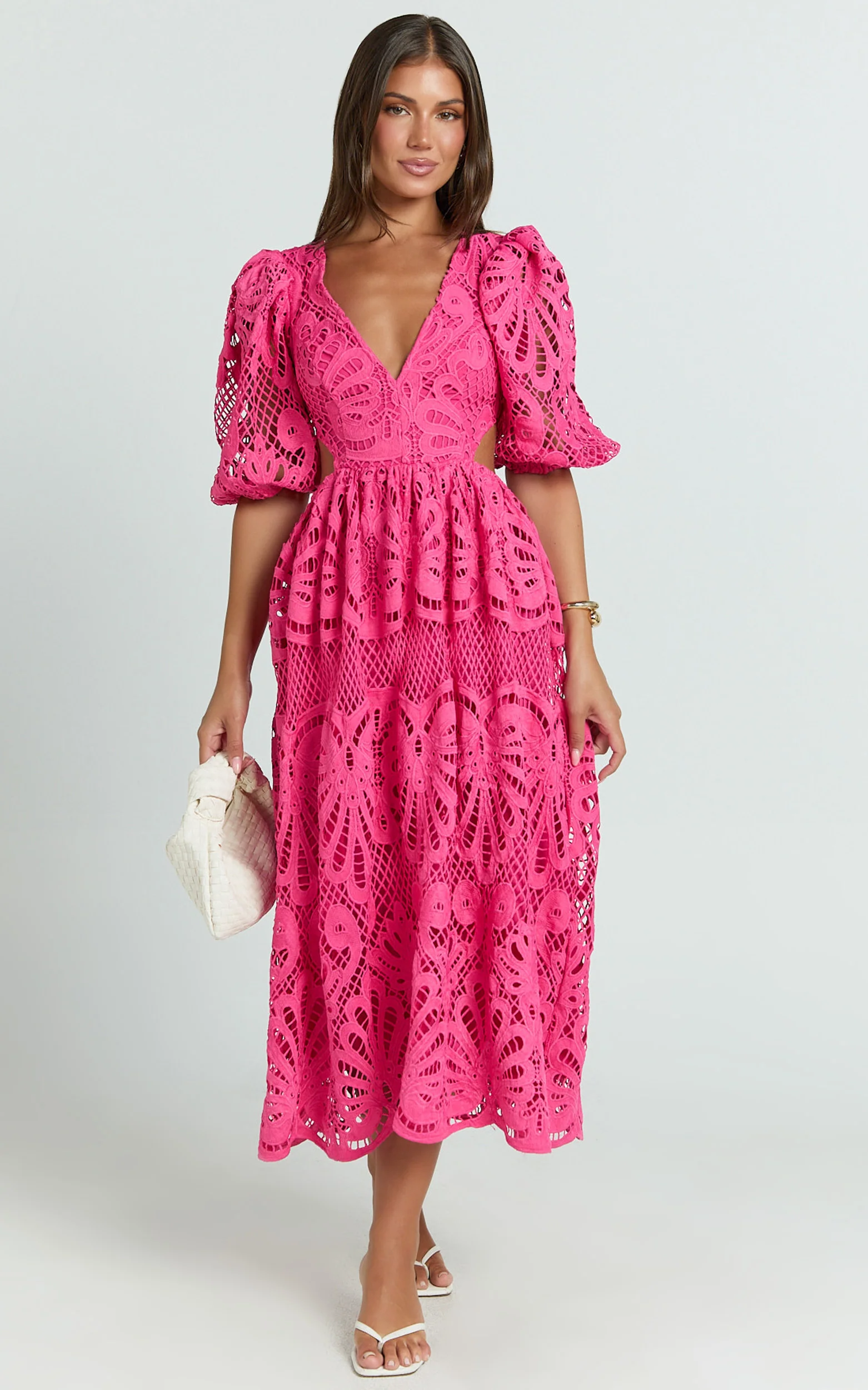 Anieshaya Midi Dress - V Neck Cut Out Lace Dress in Pink