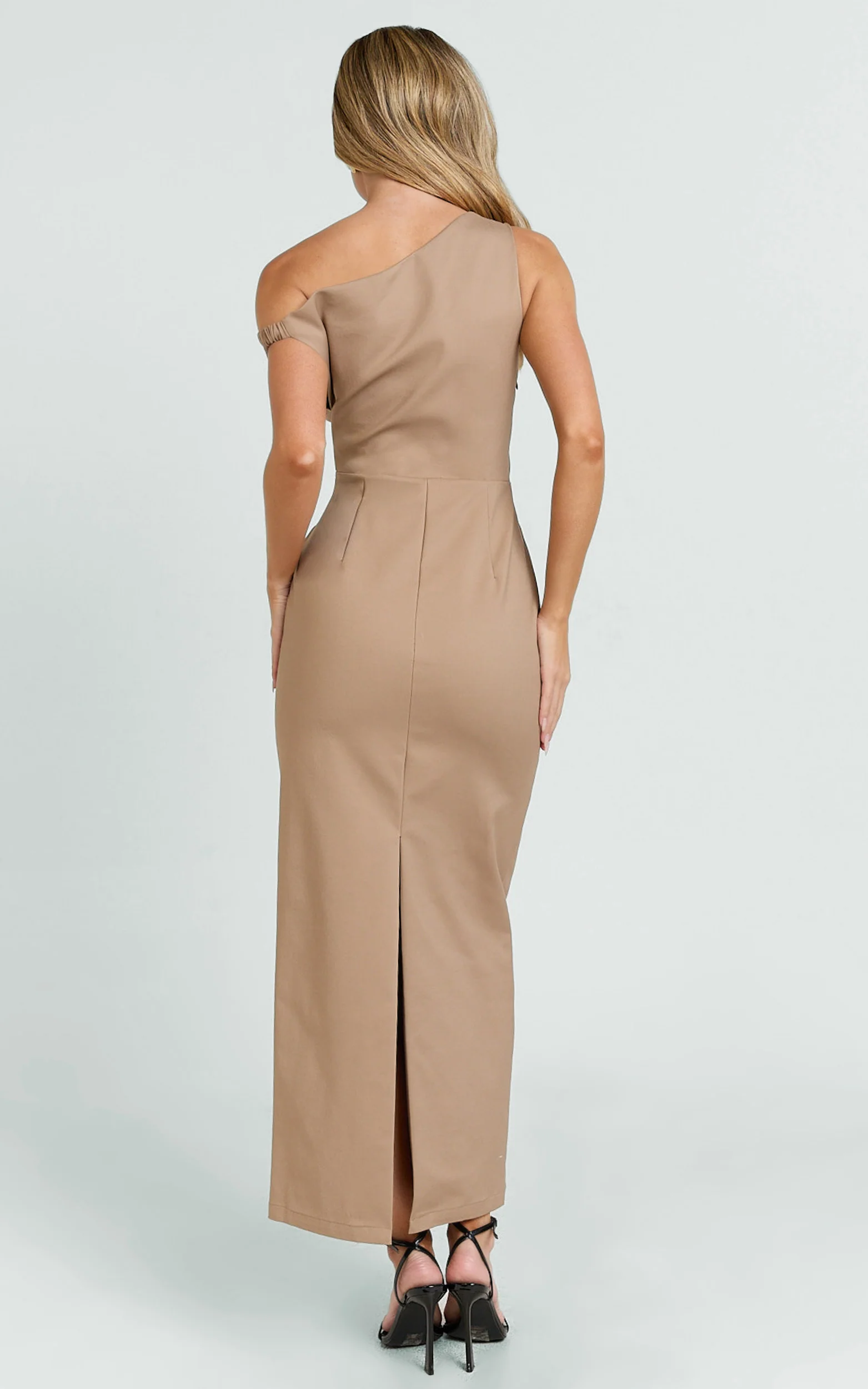 Alexandria Midi Dress - Tip Shoulder Draped Fitted Dress in Mocha