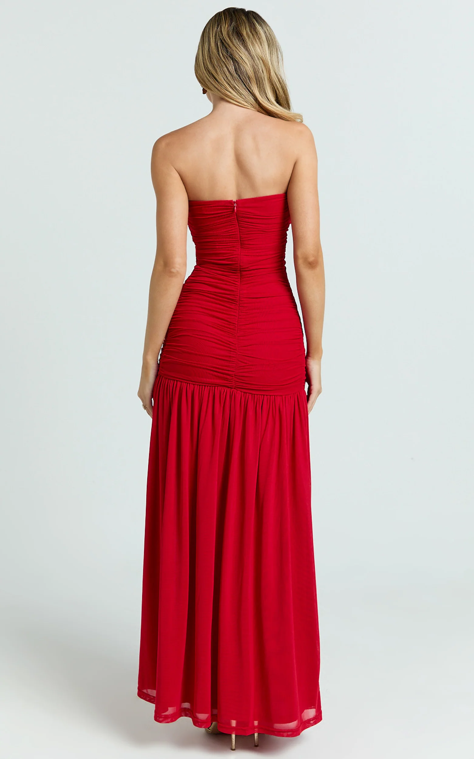 Cardi Maxi Dress - Ruched Mesh High Leg Split Dress in Red