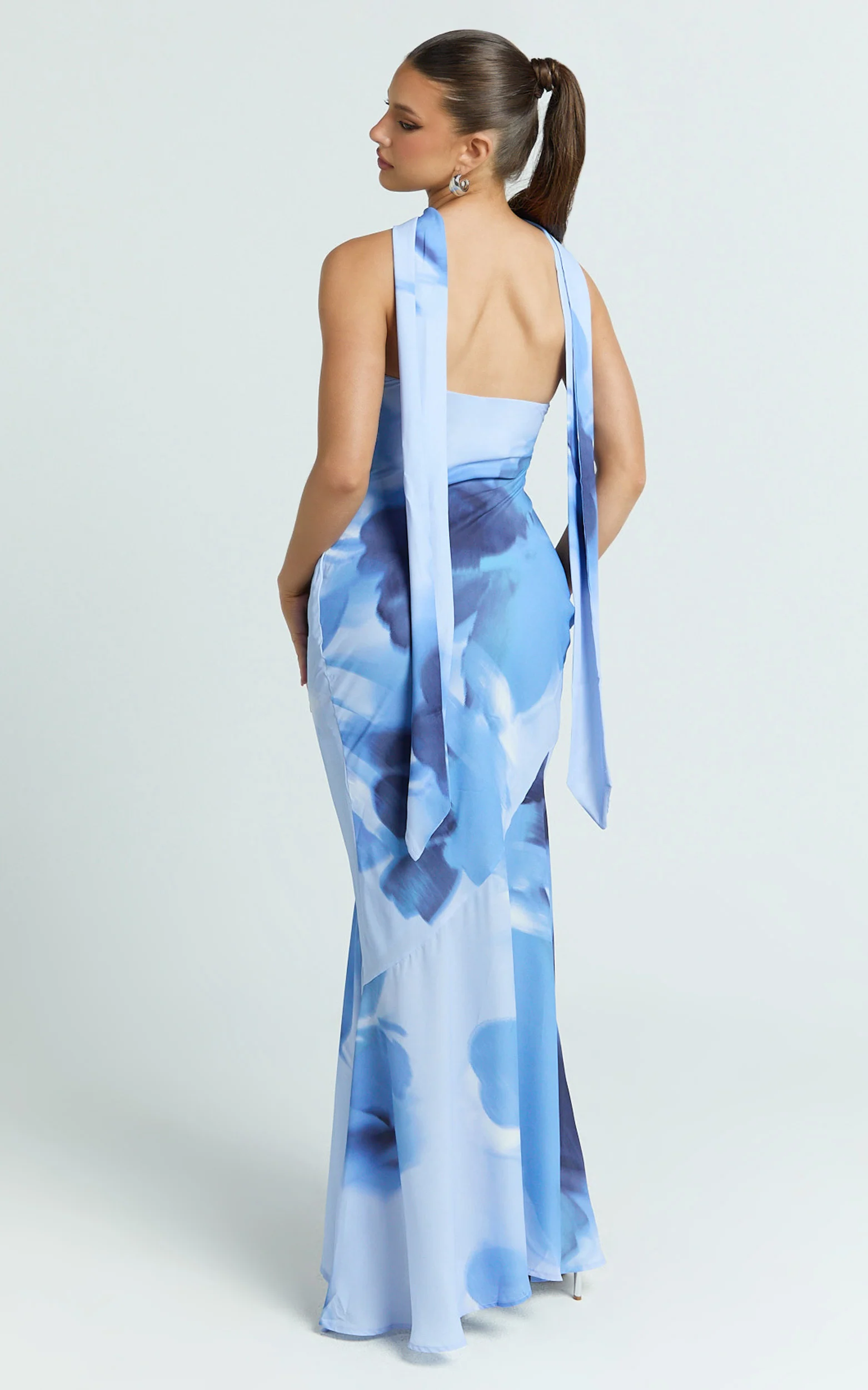 Angie Maxi Dress - Strapless Bias Column Dress with Scarf in Blue Print