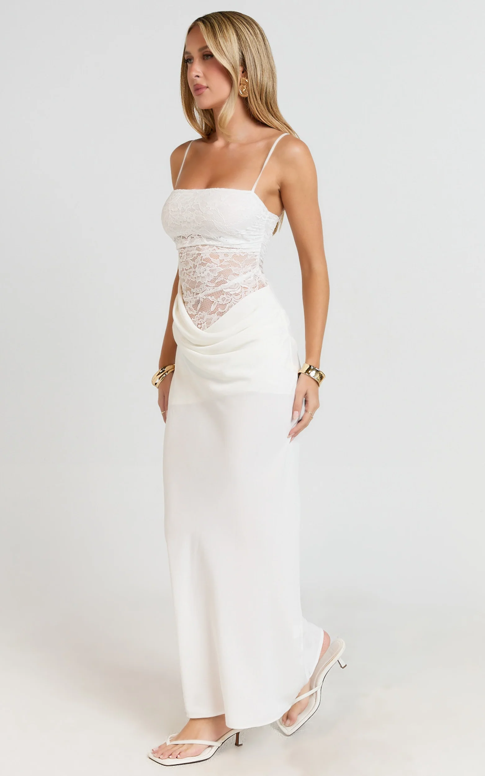 Rania Maxi Dress - Contrast Lace Bodice Bias Cowl Drop Waist Dress in Cream