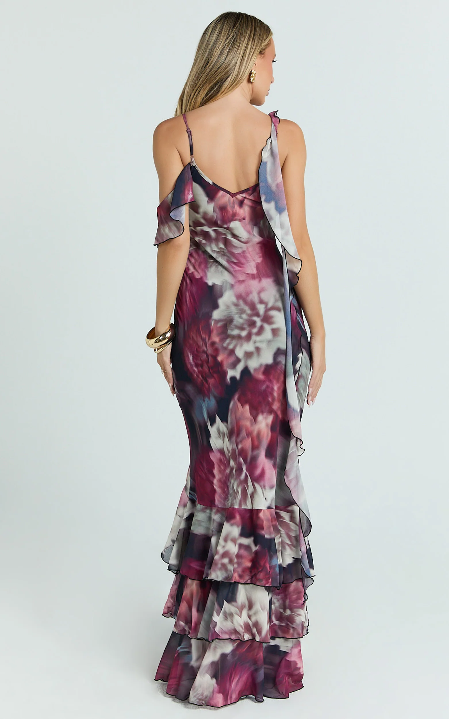 Riley Maxi Dress - Asymmetric Ruffle Detail Maxi Dress in Mariache Rose