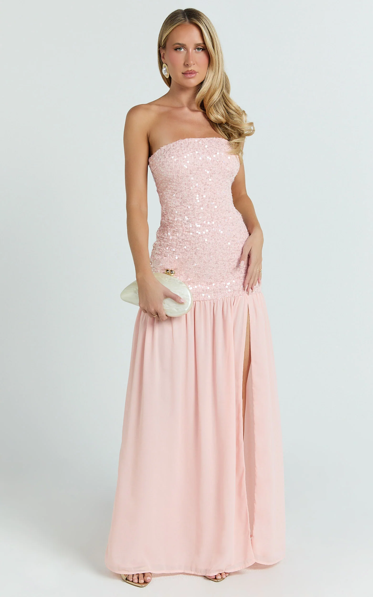 Georgina Maxi Dress - Sequin Strapless Front Split Dress in Pink