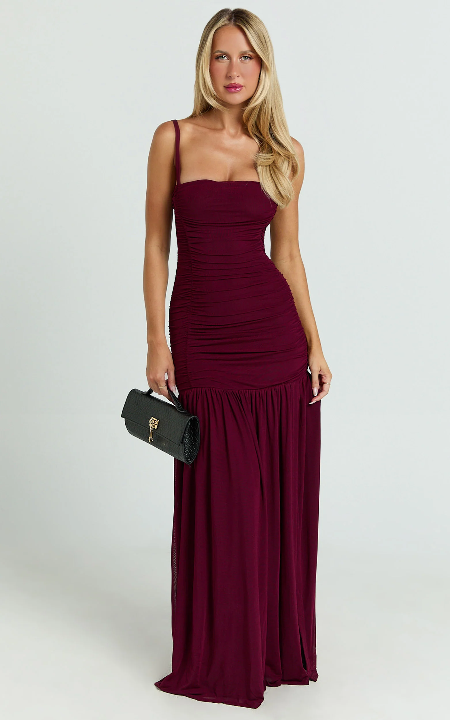 Cardi Maxi Dress - Ruched Mesh High Leg Split Dress in Wine