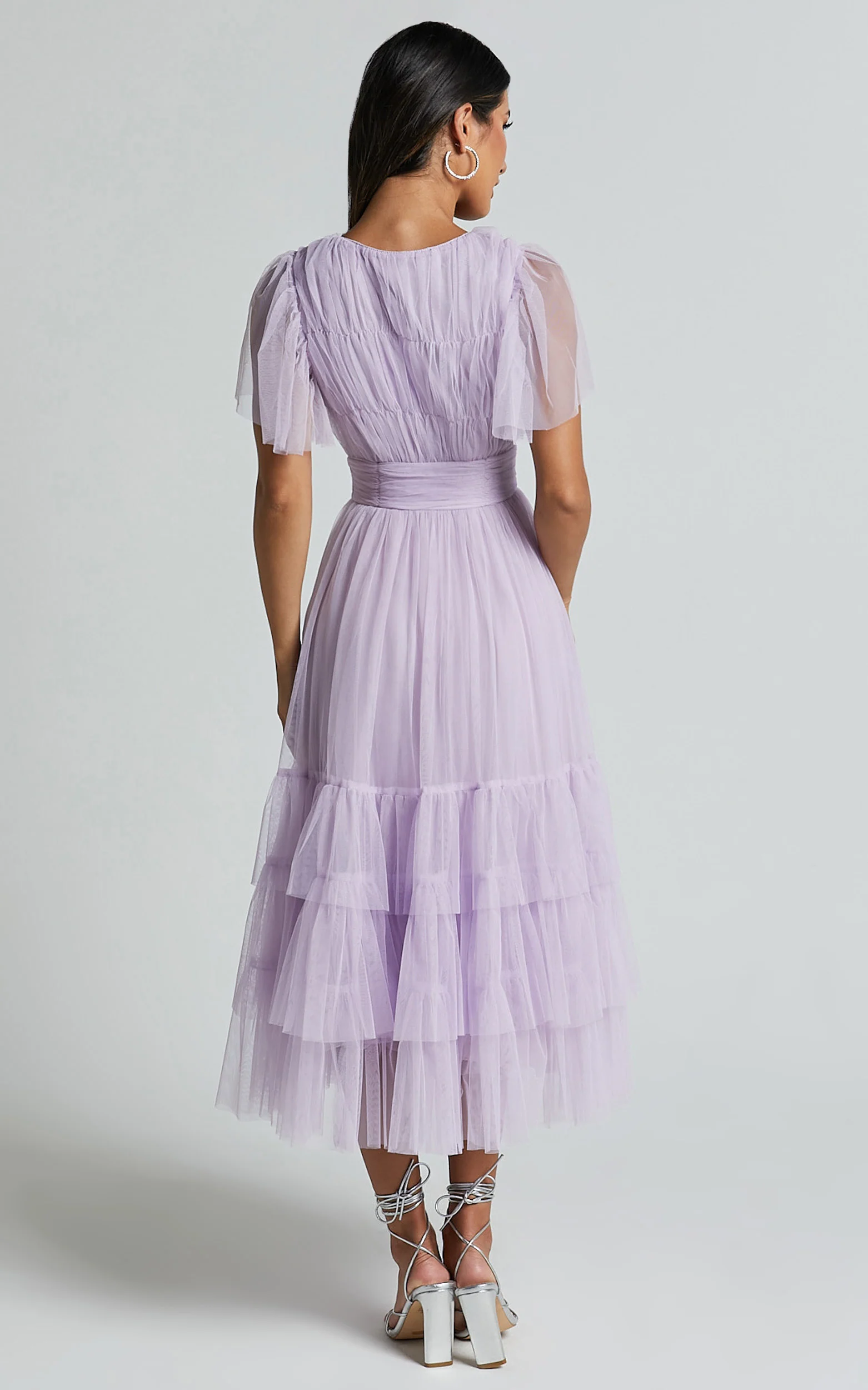 Jiraye Midi Dress - Flutter Sleeve Tuelle Plunge Dress in Lilac