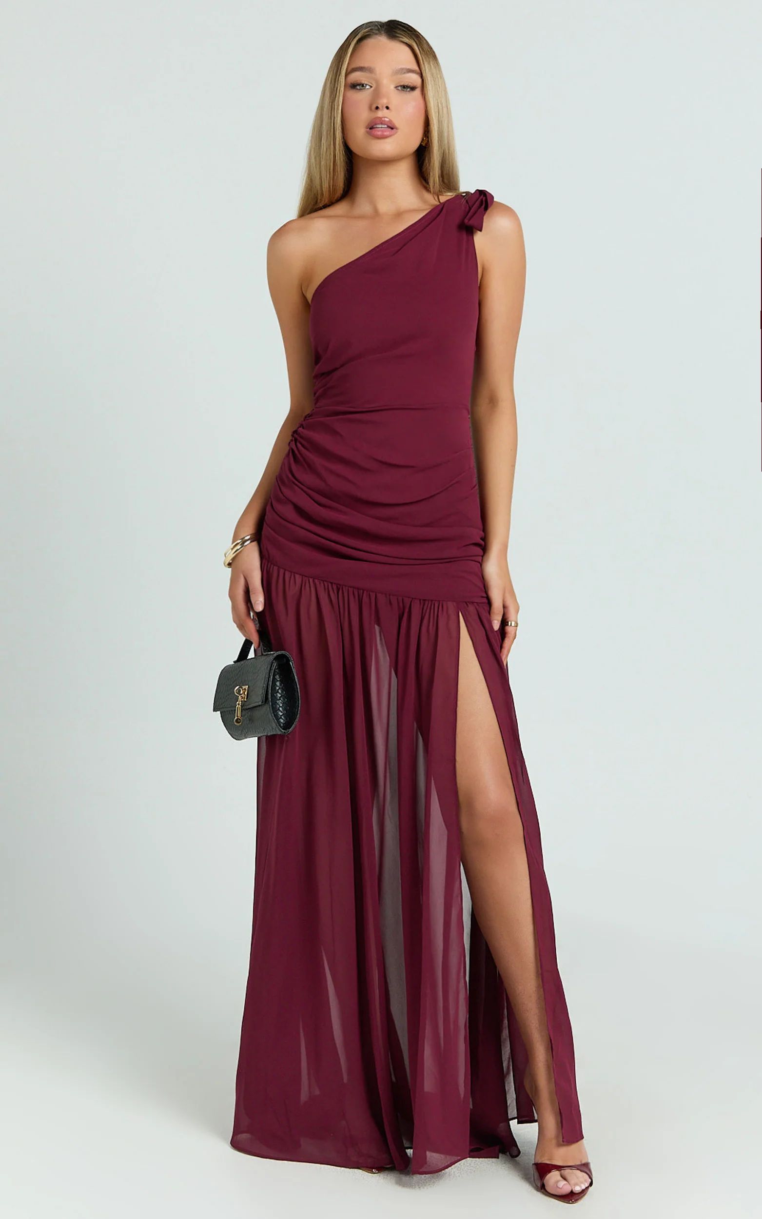 Behati Maxi Dress - One Shoulder Cut Out Fit And Flare Dress in Wine