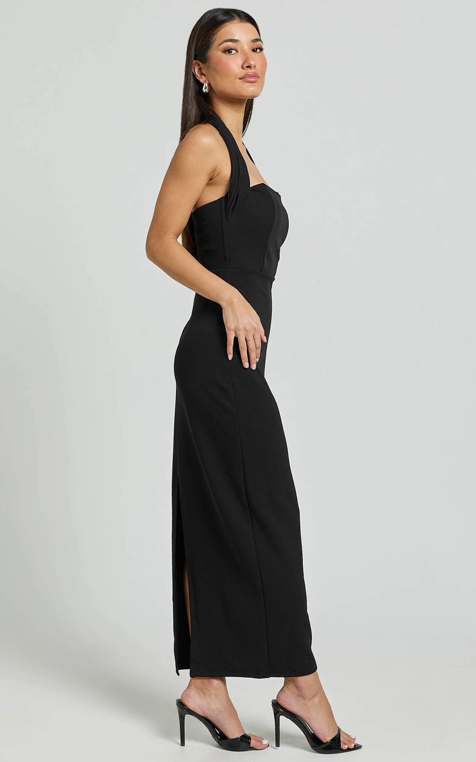 Salome Midi Dress - Halter Neck Column Dress in Black