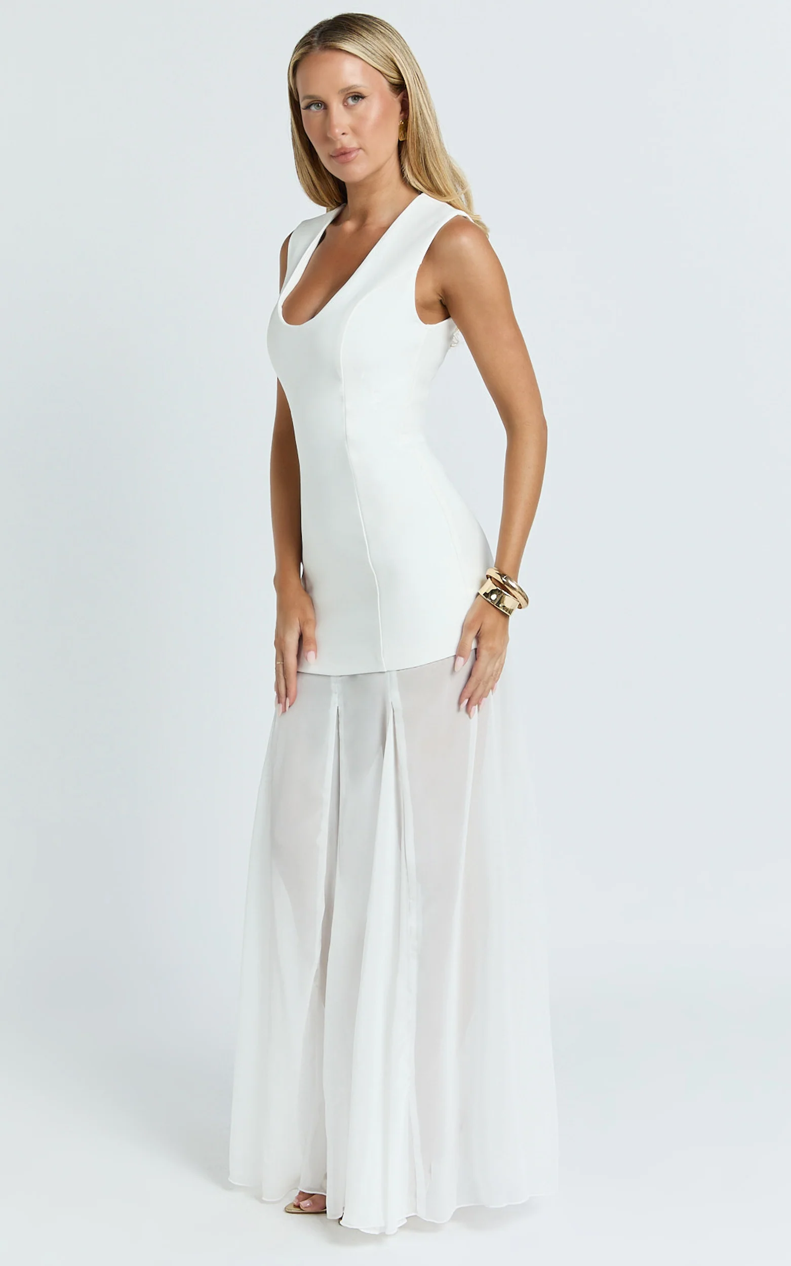 Frances Maxi Dress - Contrast U Neck Godet A Line Dress in Ivory