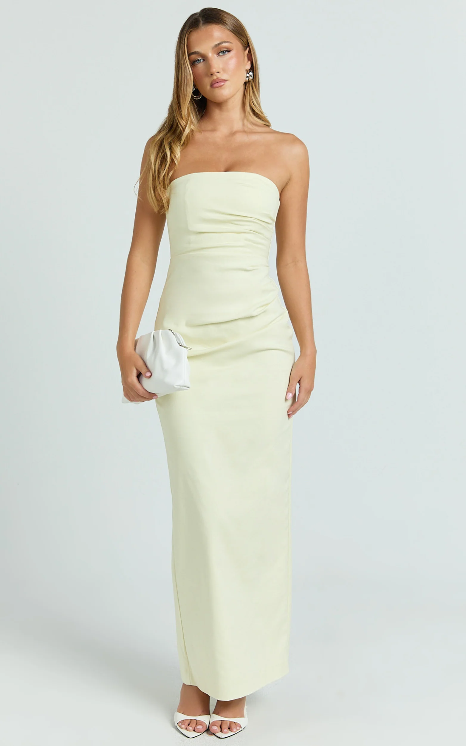 Jamie Midi Dress - Strapless Ruched Fitted Column Dress in Lemon