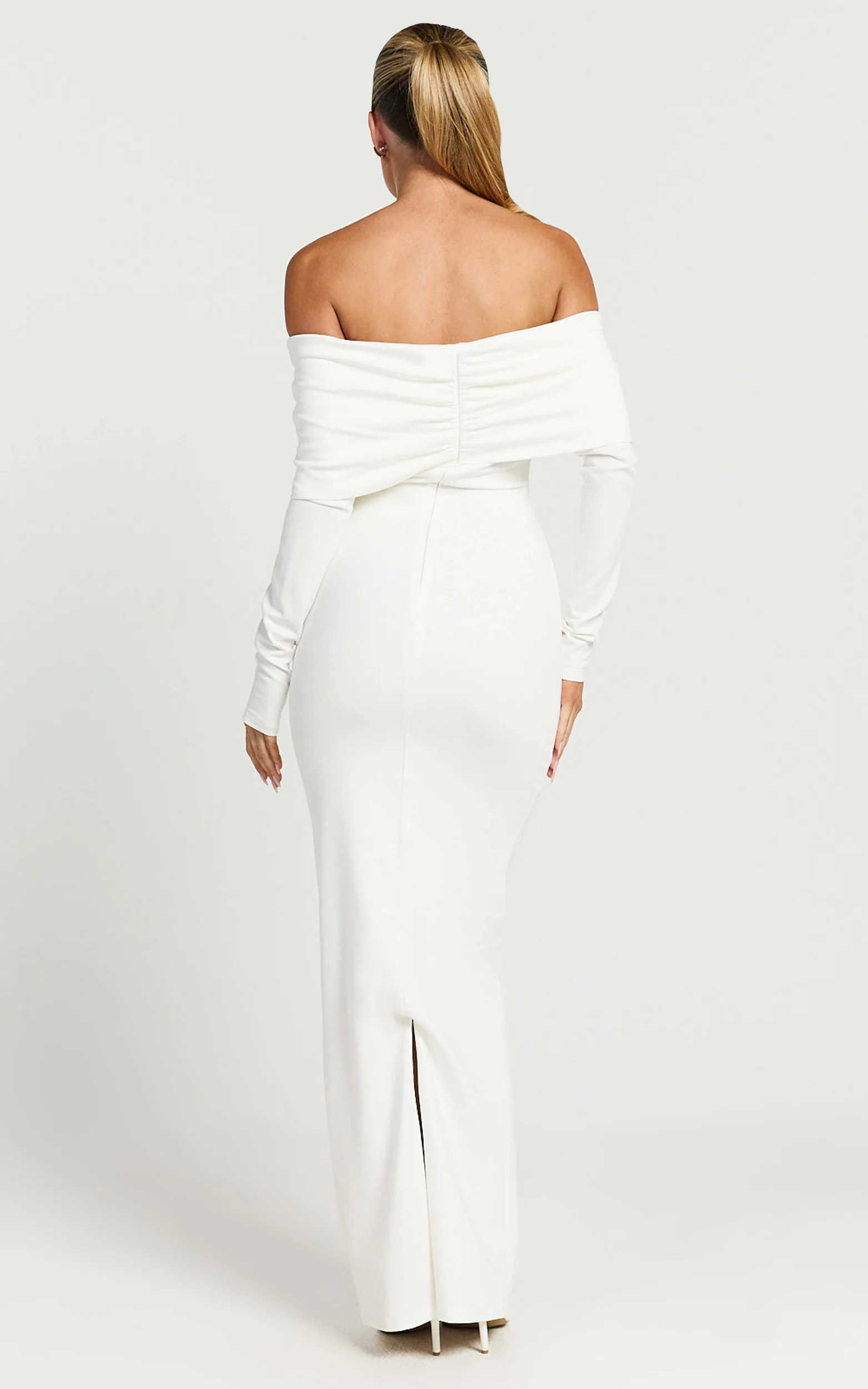 Rani Maxi Dress - Off Shoulder Long Sleeve Bodycon Dress in Off White