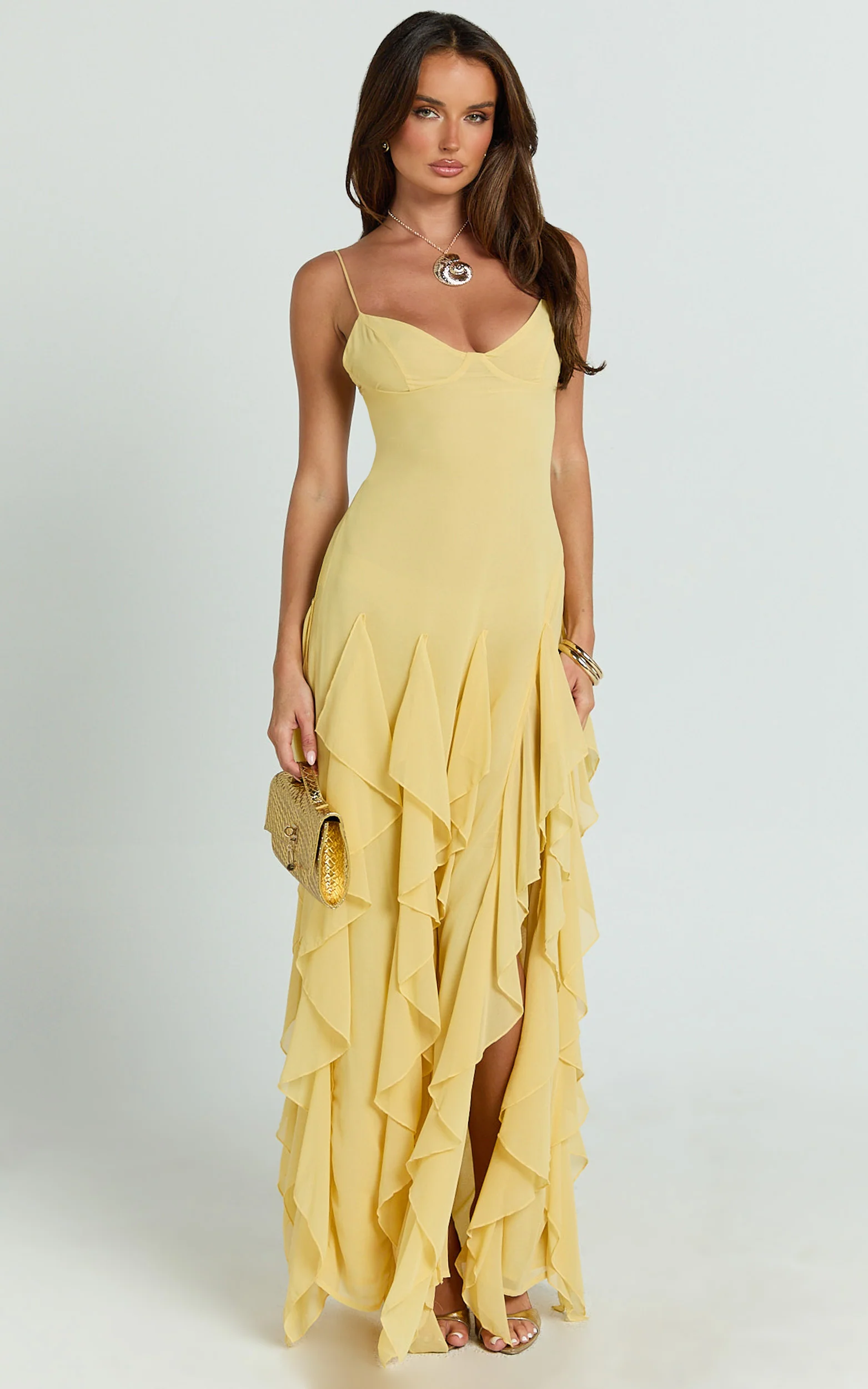 Maeve Maxi Dress - V Neck Ruffle Tier Slip Dress in Lemon