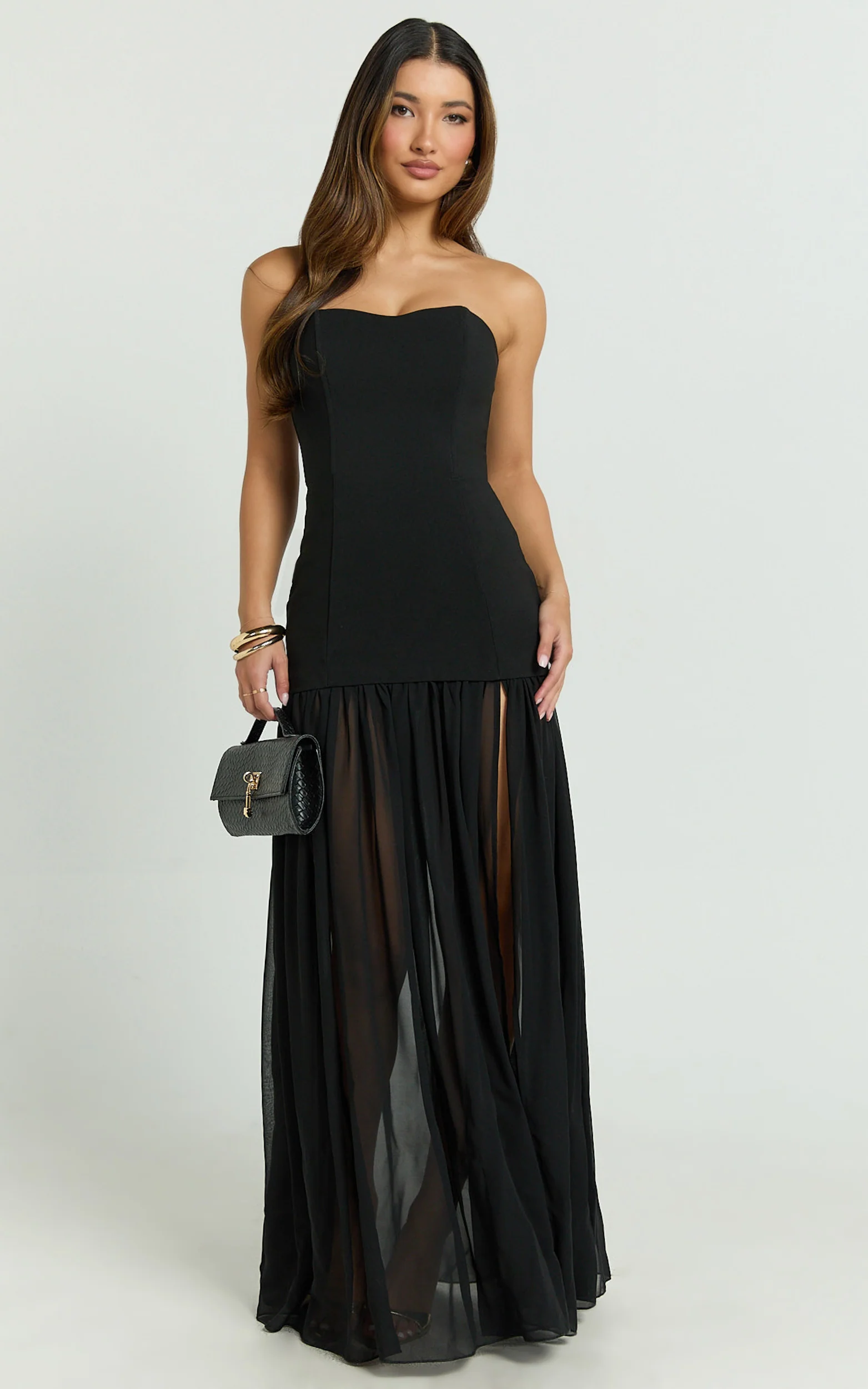 Jocelyn Maxi Dress - Strapless Ruched Fit And Flare Dress in Black