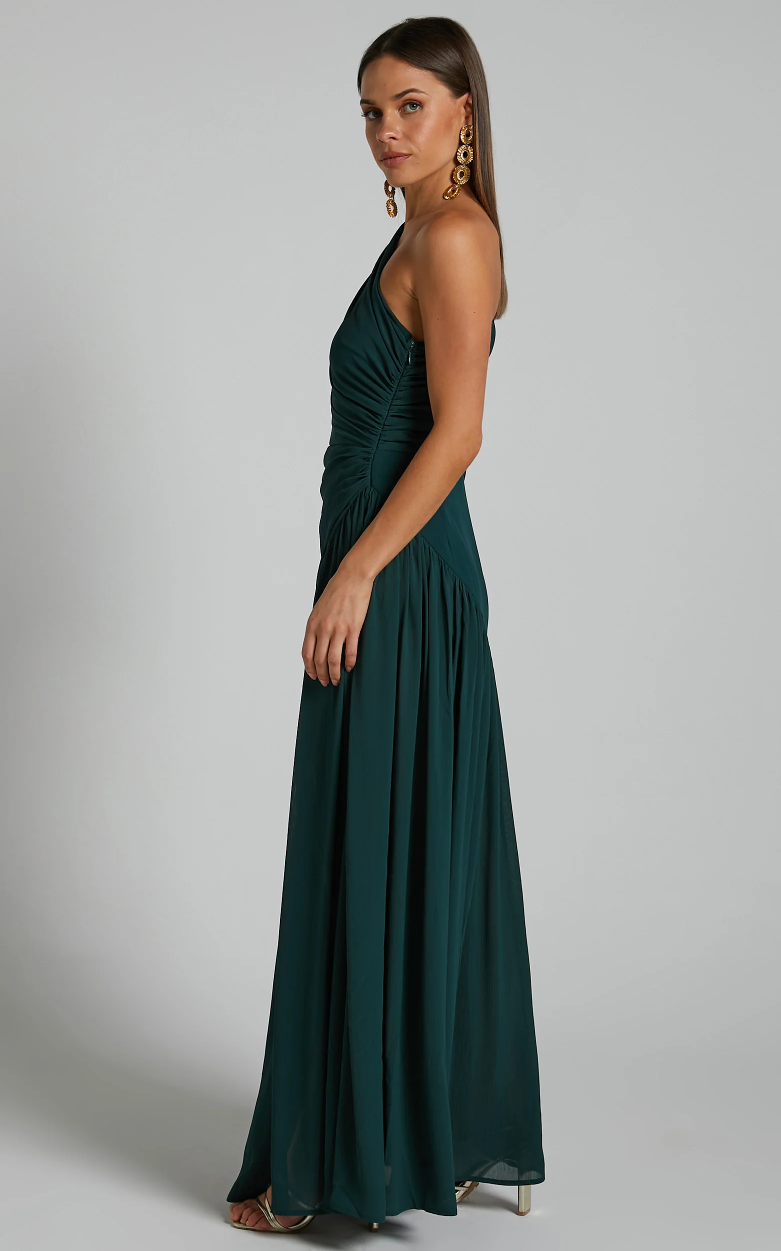 Grittah Midi Dress - One Shoulder Bishop Sleeve High Split Ruched Dress in Emerald