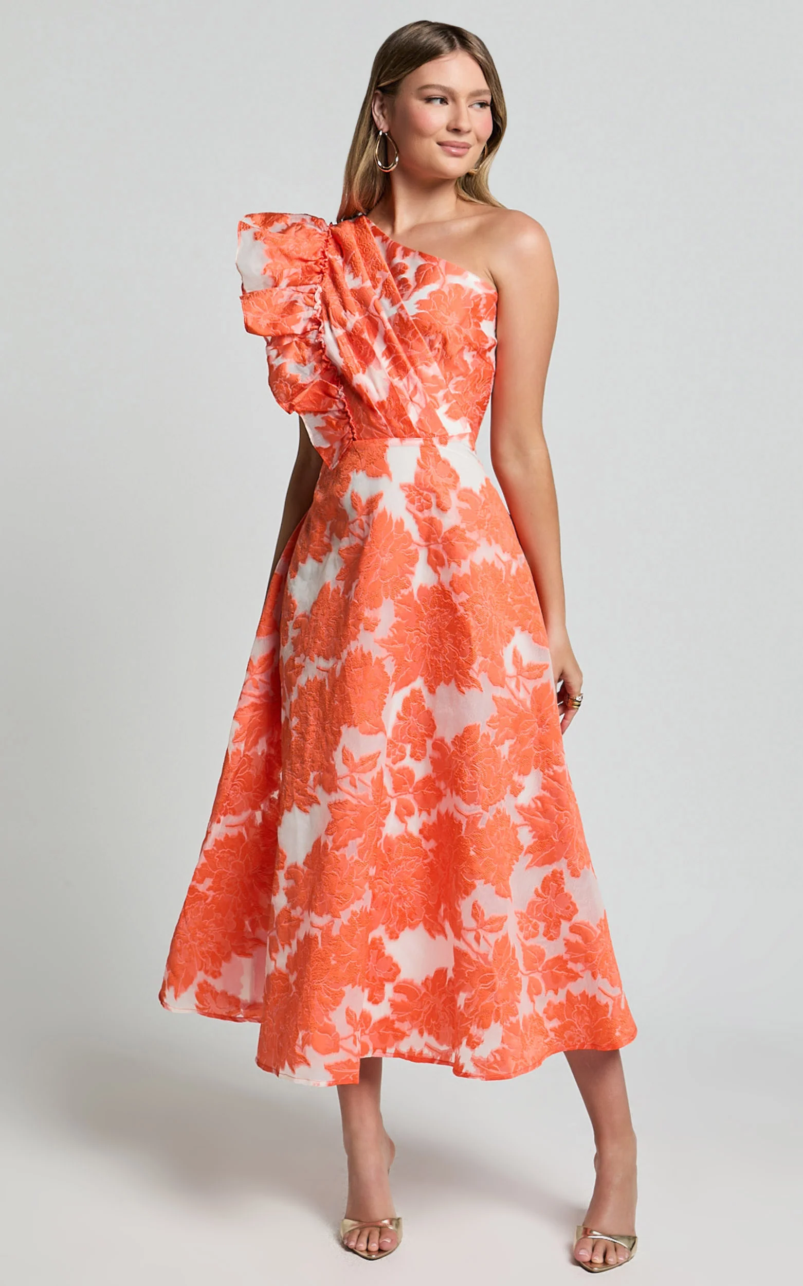 Alfreda Midi Dress - One Shoulder Ruffle Detail Brailey Jacquard Dress in Orange Jacquard