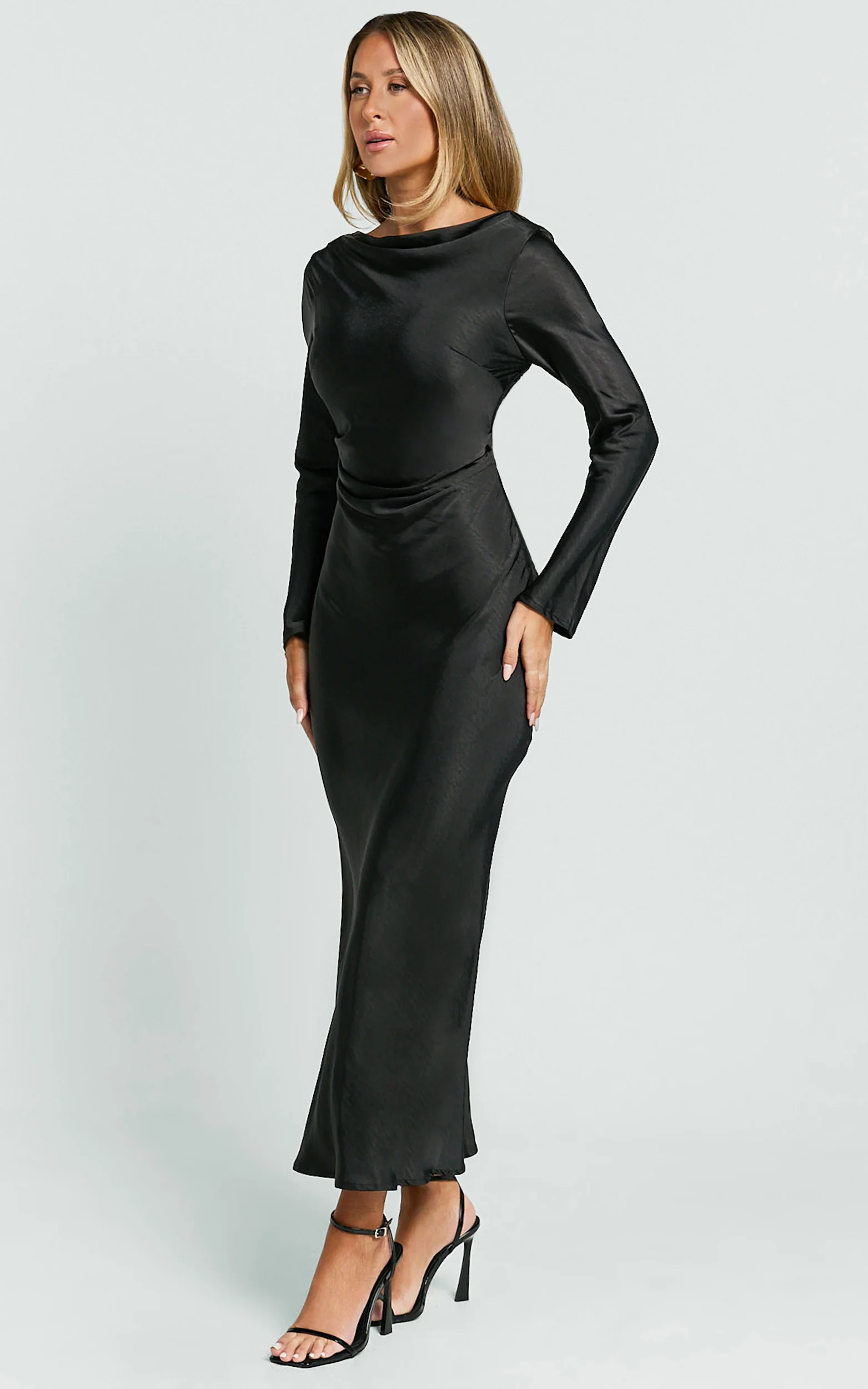Arriana Midi Dress - Long Sleeve Cowl Back Satin Dress in Black