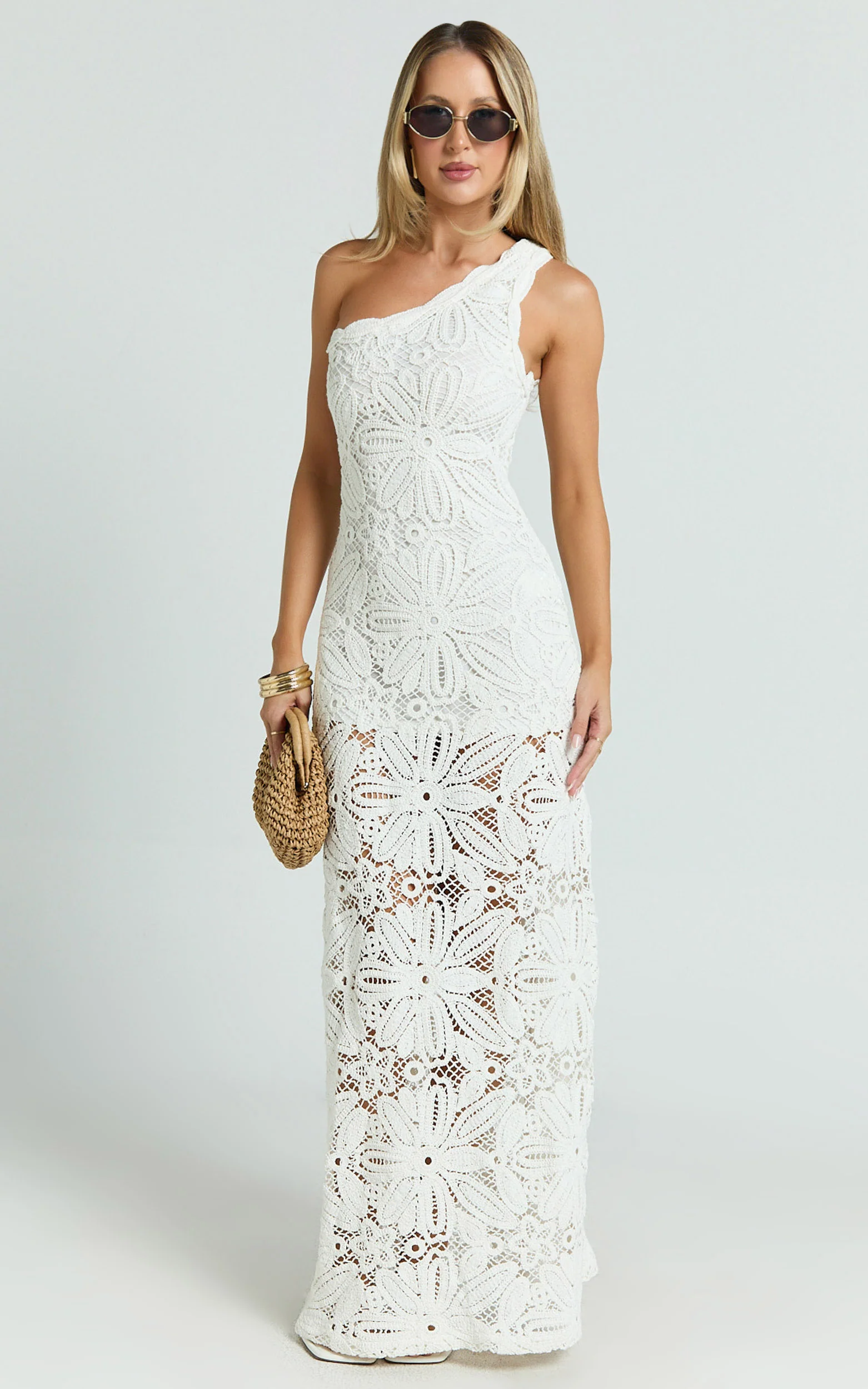 Charlene Maxi Dress - Crochet Knitted One Shoulder Maxi Dress in White