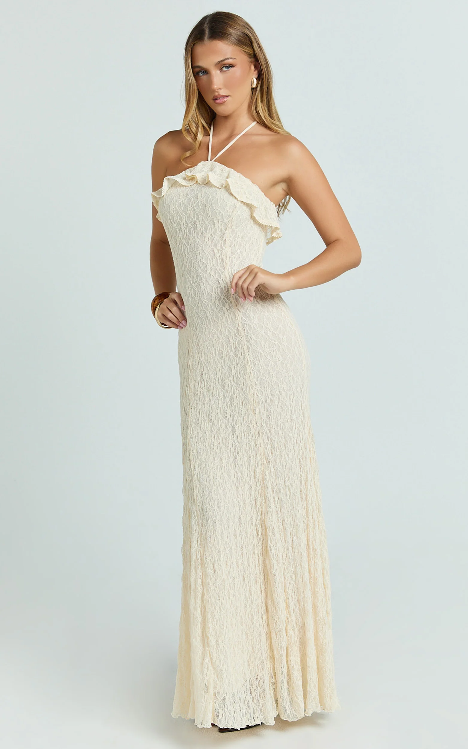 Rhea Maxi Dress - Lace Ruffle Halter A Line Godet Dress in Cream