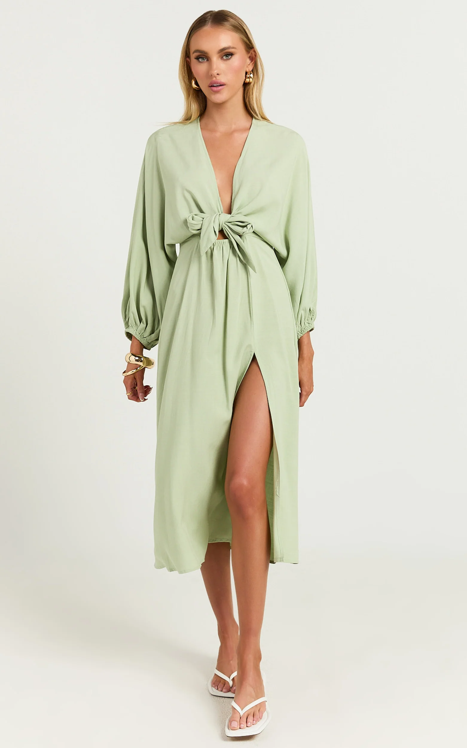 Tyricia Midi Dress - Long Sleeve Tie Front Cut Out Dress in Sage