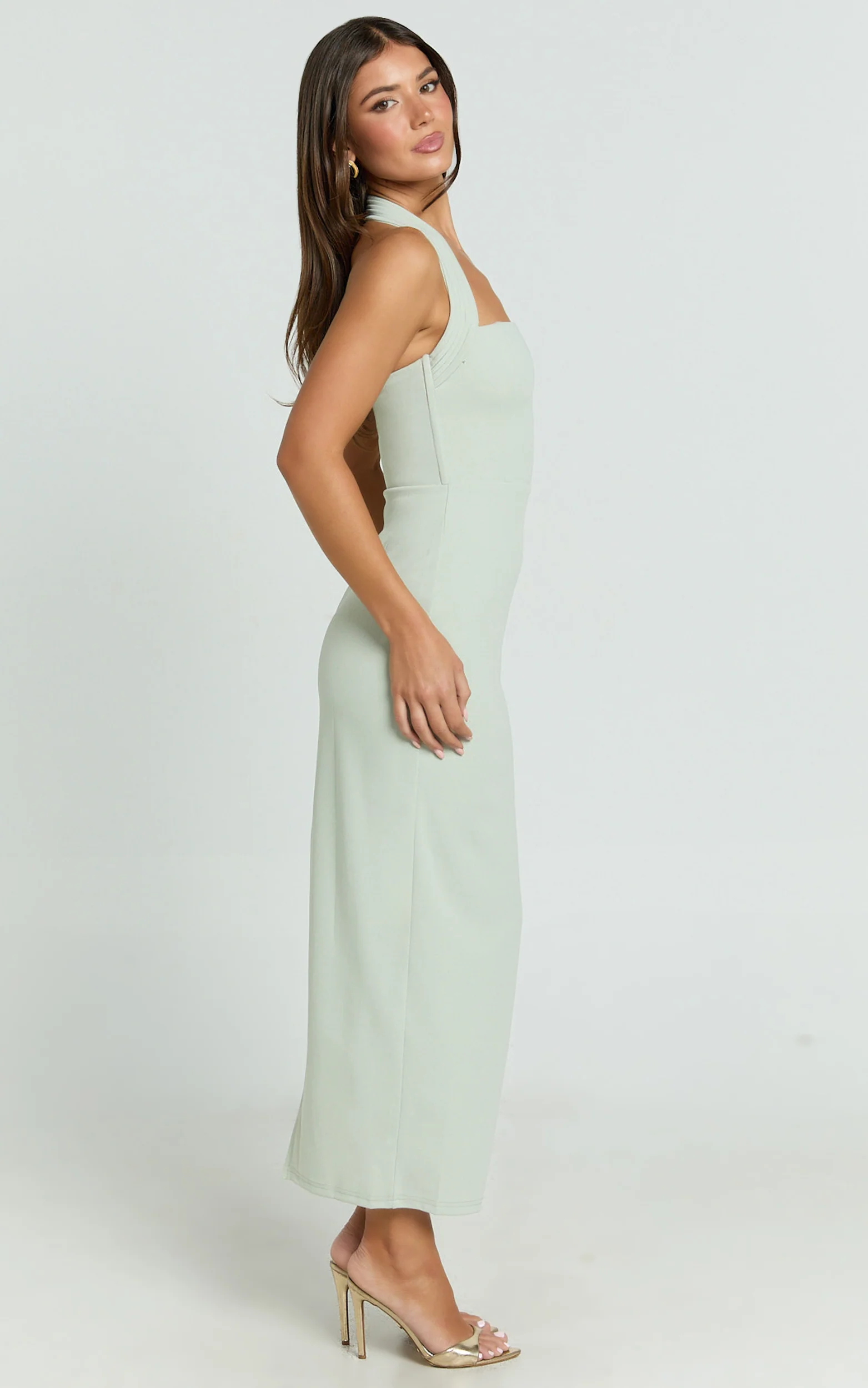 Salome Midi Dress - Halter Neck Column Dress in Sage