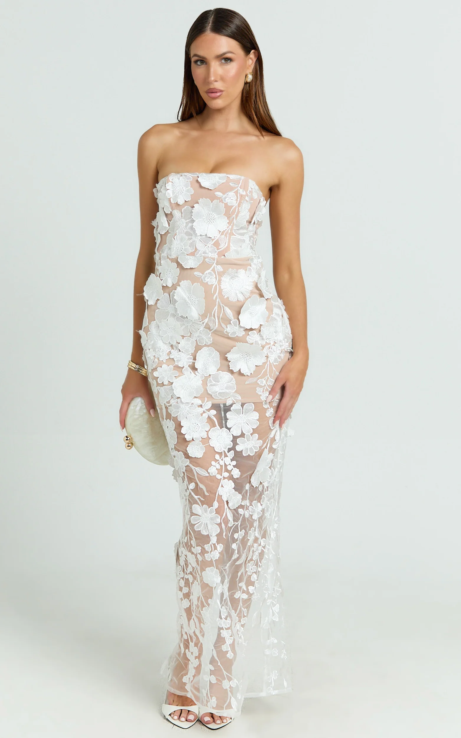 Sienna Maxi Dress - 3D Floral Strapless Column Dress in White