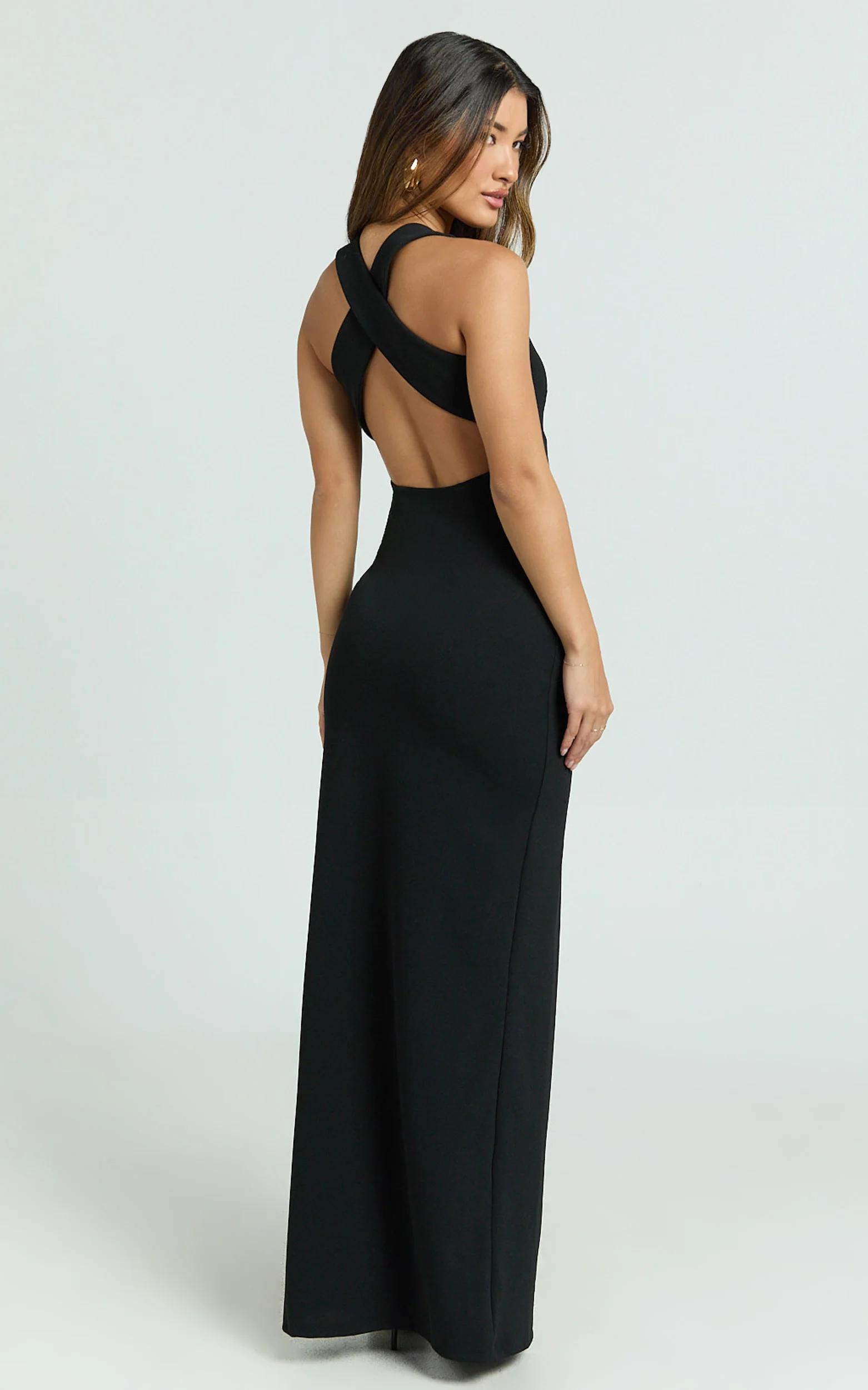 Tonya Maxi Dress - High Neck Cross Back Bodycon Dress in Black