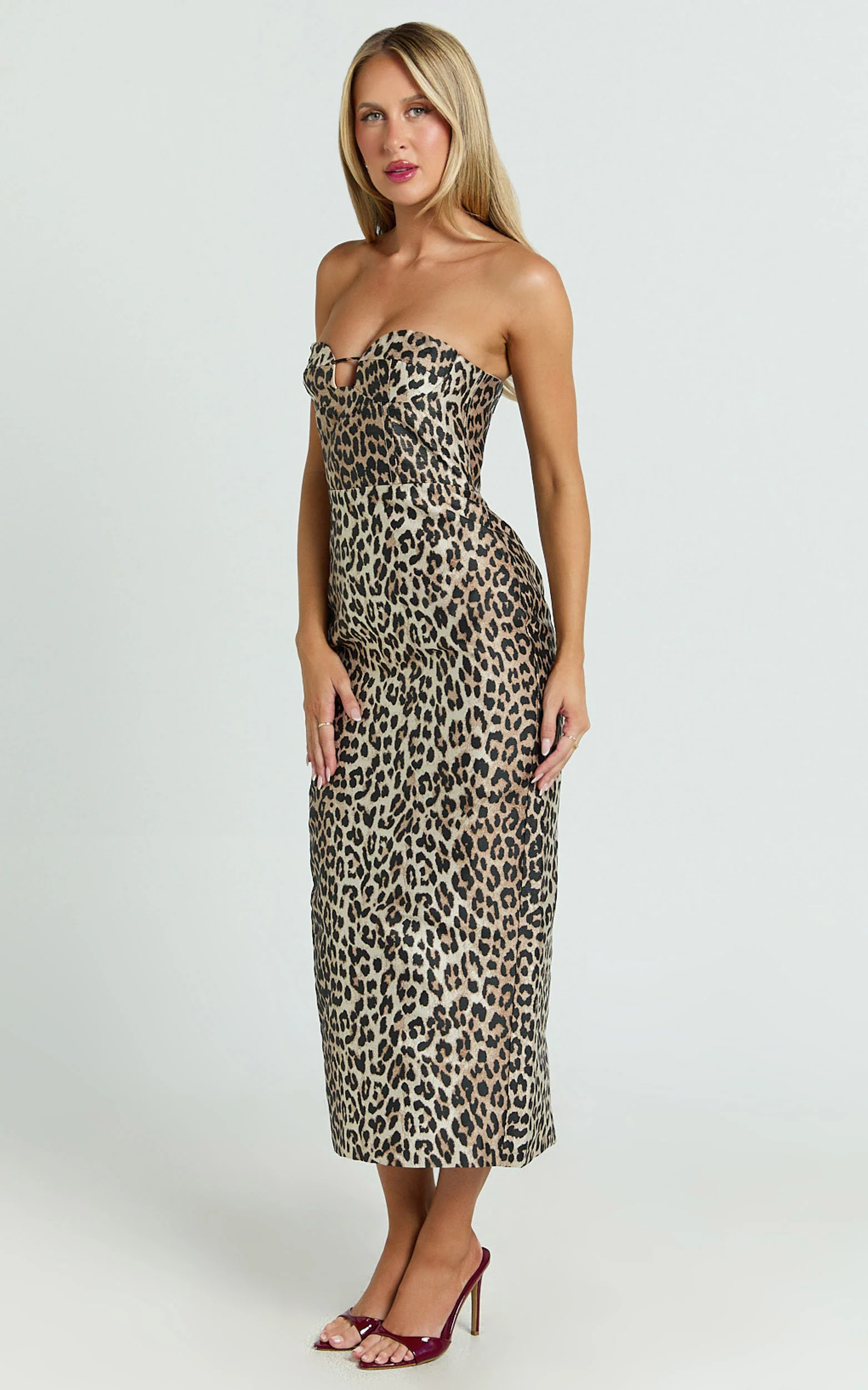 Sandy Midi Dress - Strapless Column Dress in Leopard Print