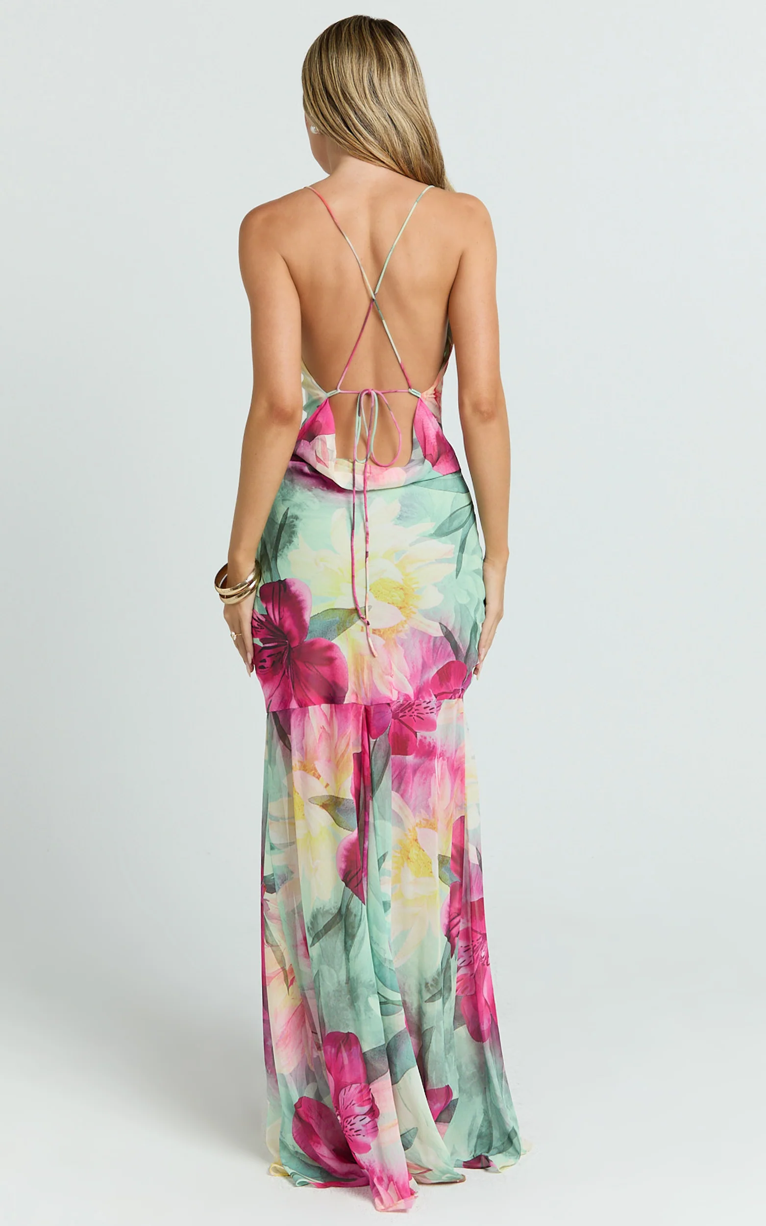 Edwina Maxi Dress - Georgette Cowl Neck Sheer Skirt Dress in Abstract Floral