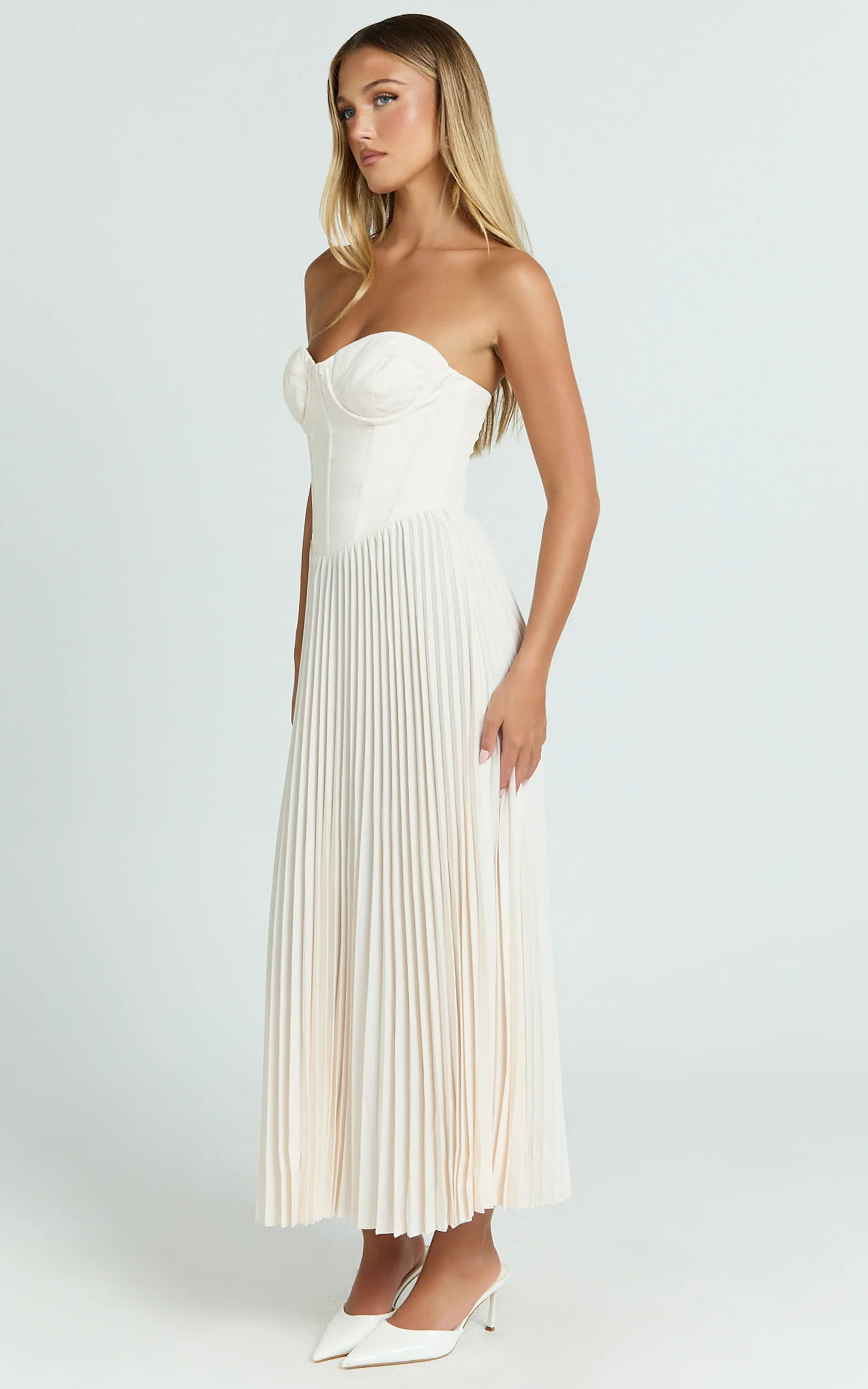 Loretta Midi Dress - Lace Up Back Bustier Pleated Dress in Cream