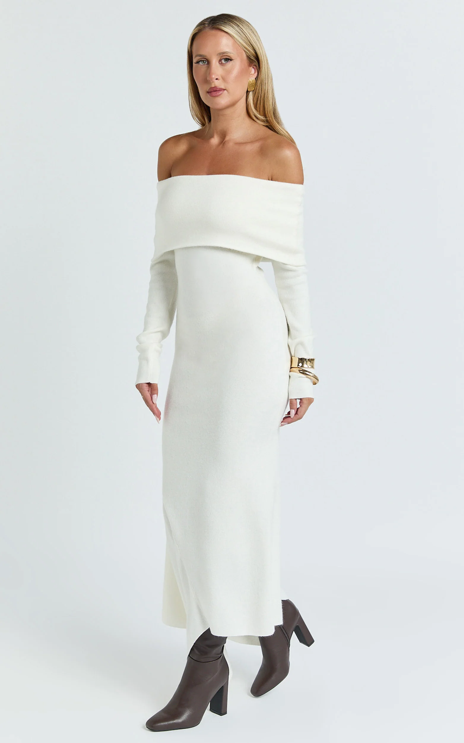 Karina Midi Dress - Long Sleeve Folded Off Shoulder Asymmetric Dress in Cream