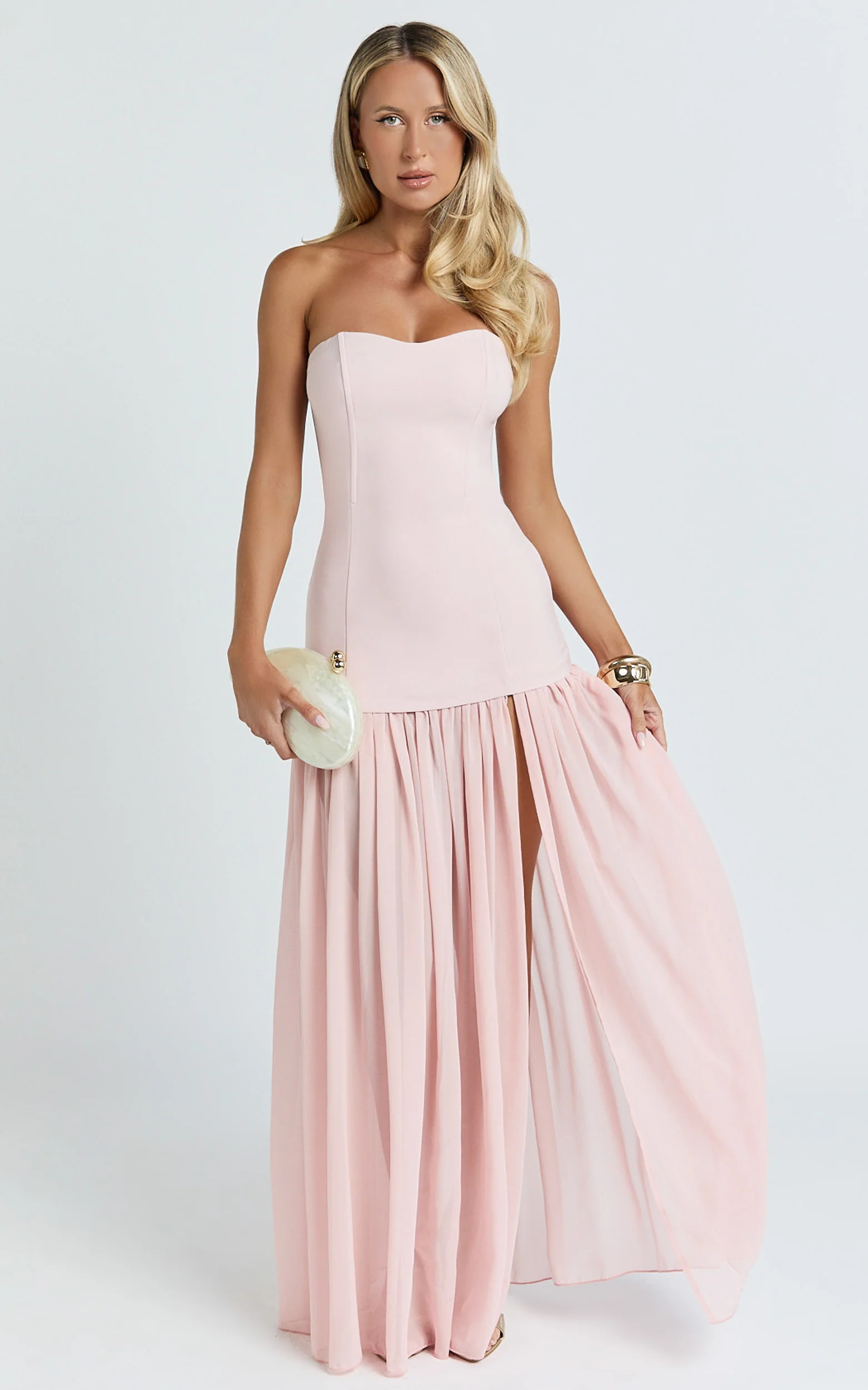 Jocelyn Maxi Dress - Strapless Ruched Fit And Flare Dress in Pink