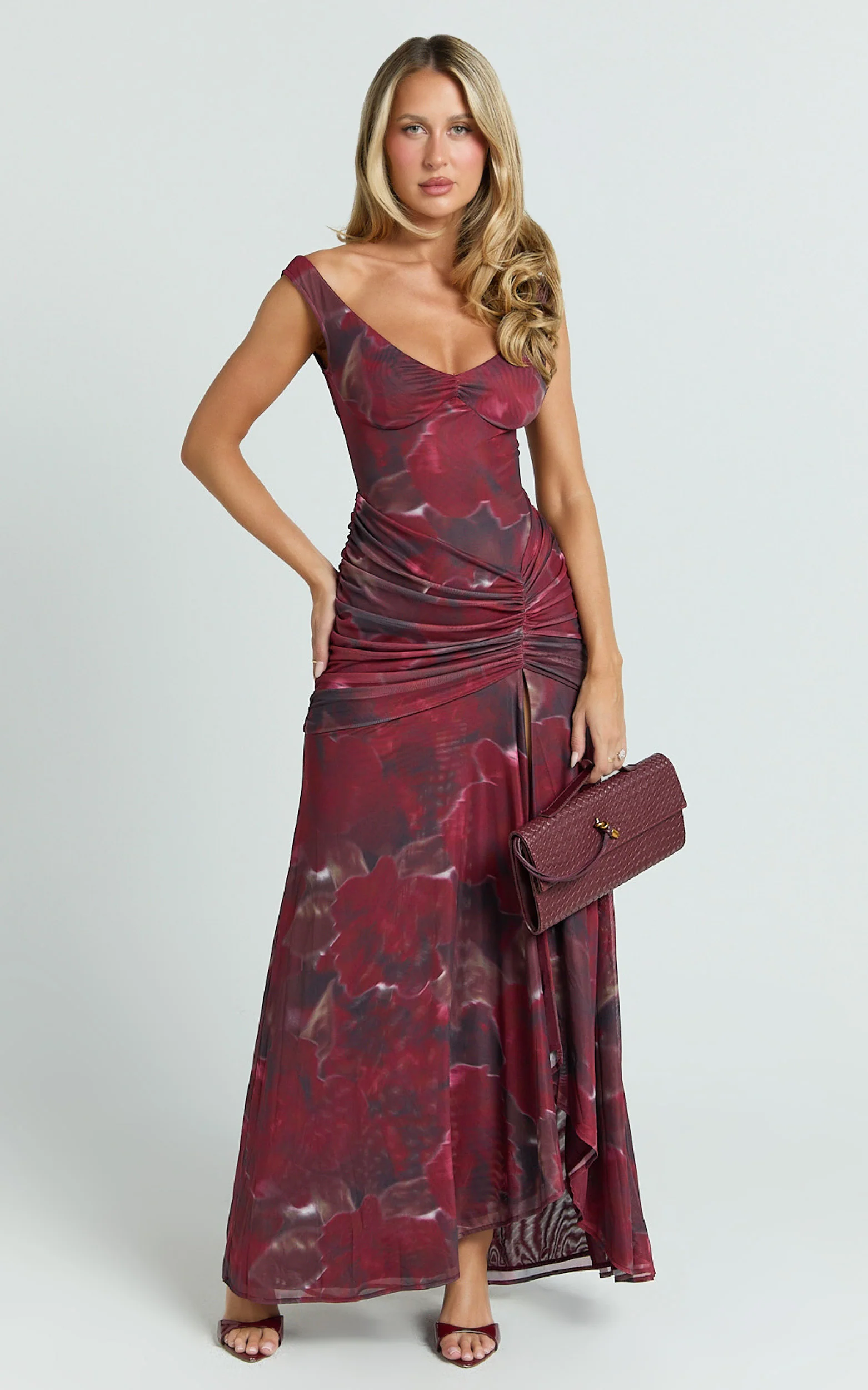 Demetria Midi Dress - Floral Mesh Printed Bodycon Dress in Burgundy Rose