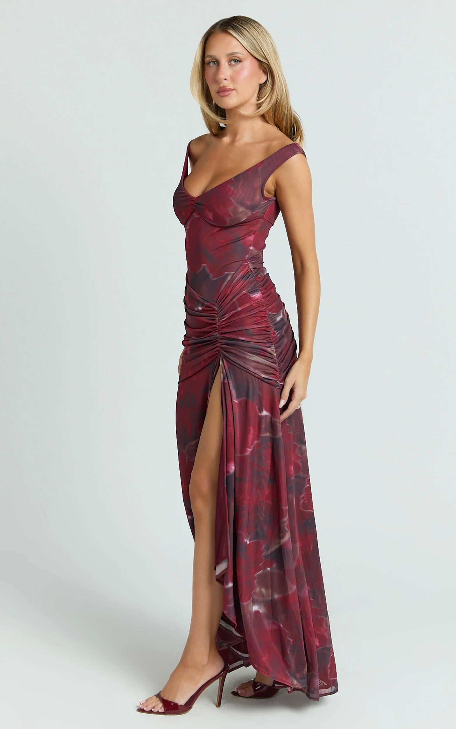 Demetria Midi Dress - Floral Mesh Printed Bodycon Dress in Burgundy Rose
