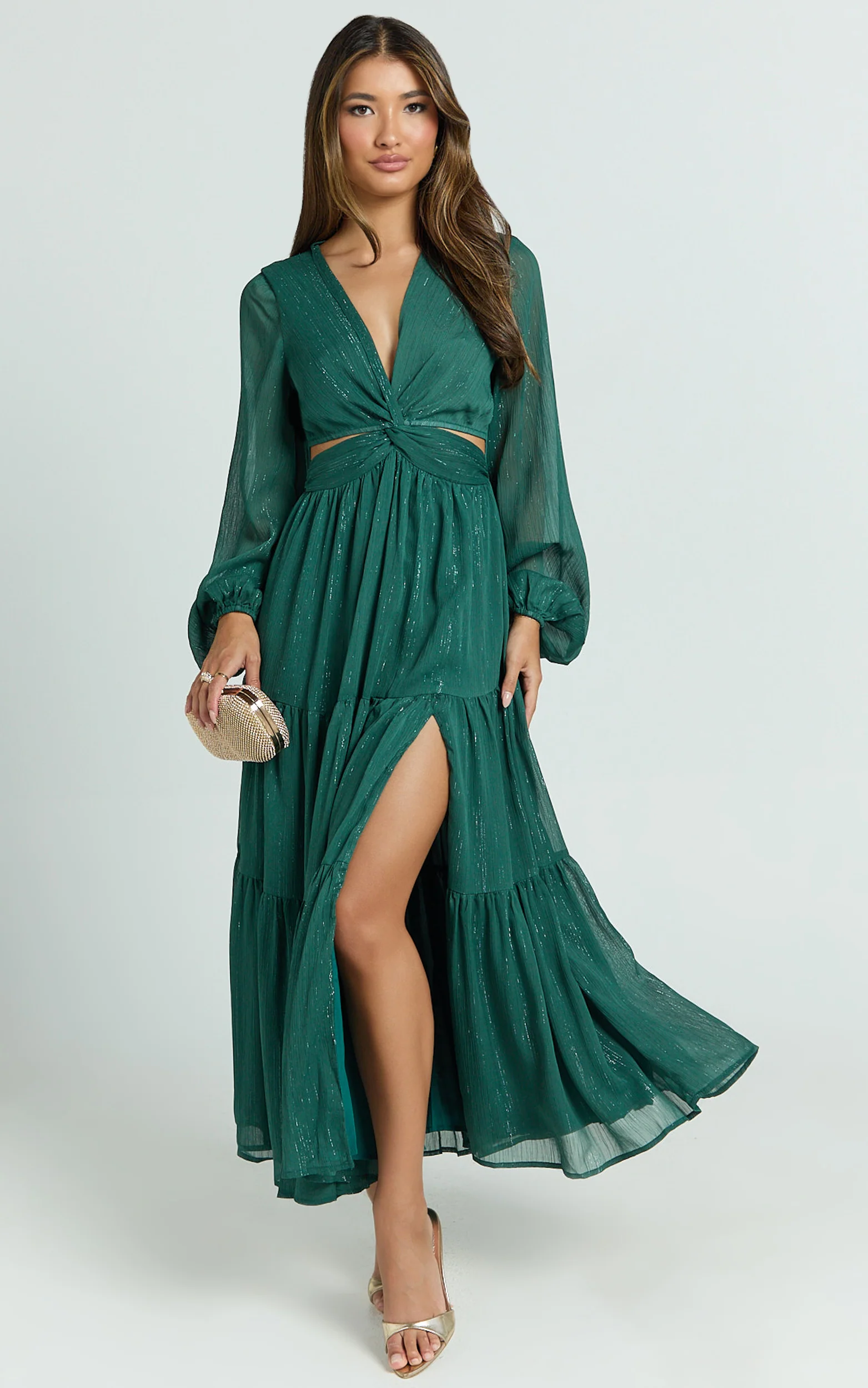 Edelyn Midi Dress - Cut Out Balloon Sleeve Tiered Dress in Emerald