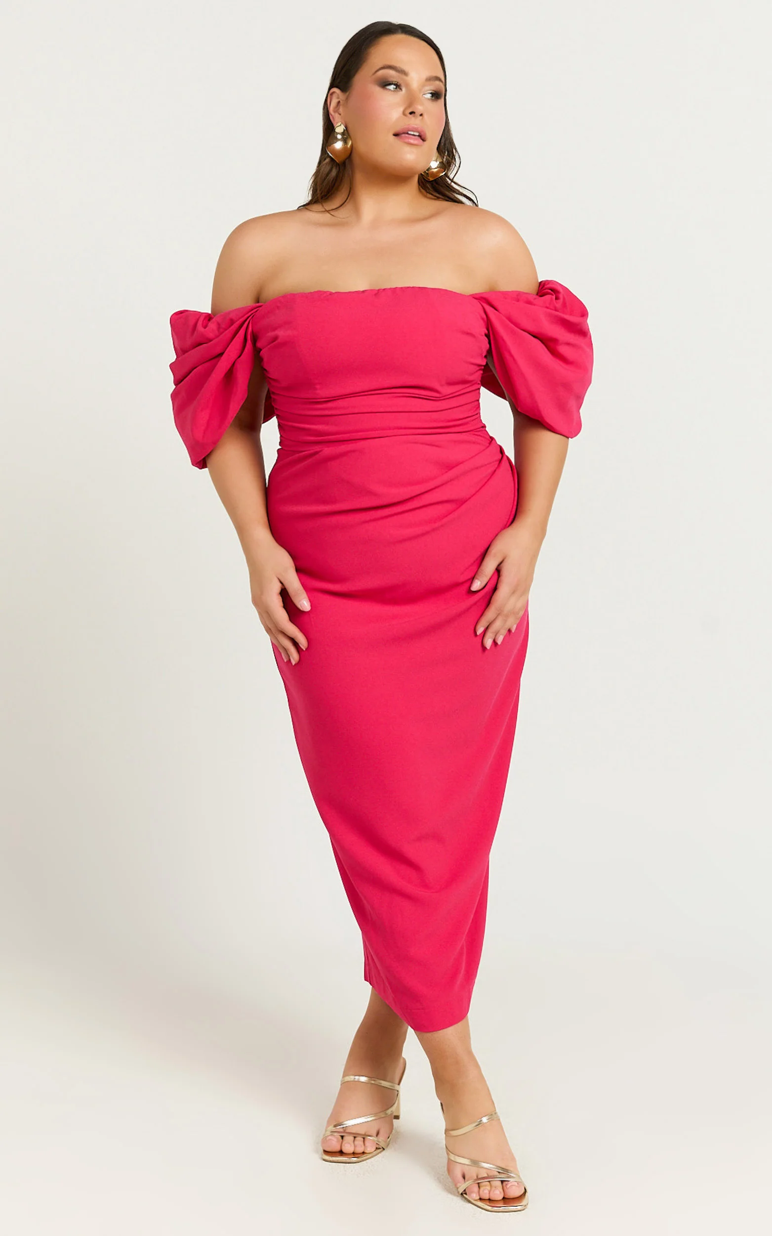 Lohan Midi Dress - Off Shoulder Puff Sleeve in Berry