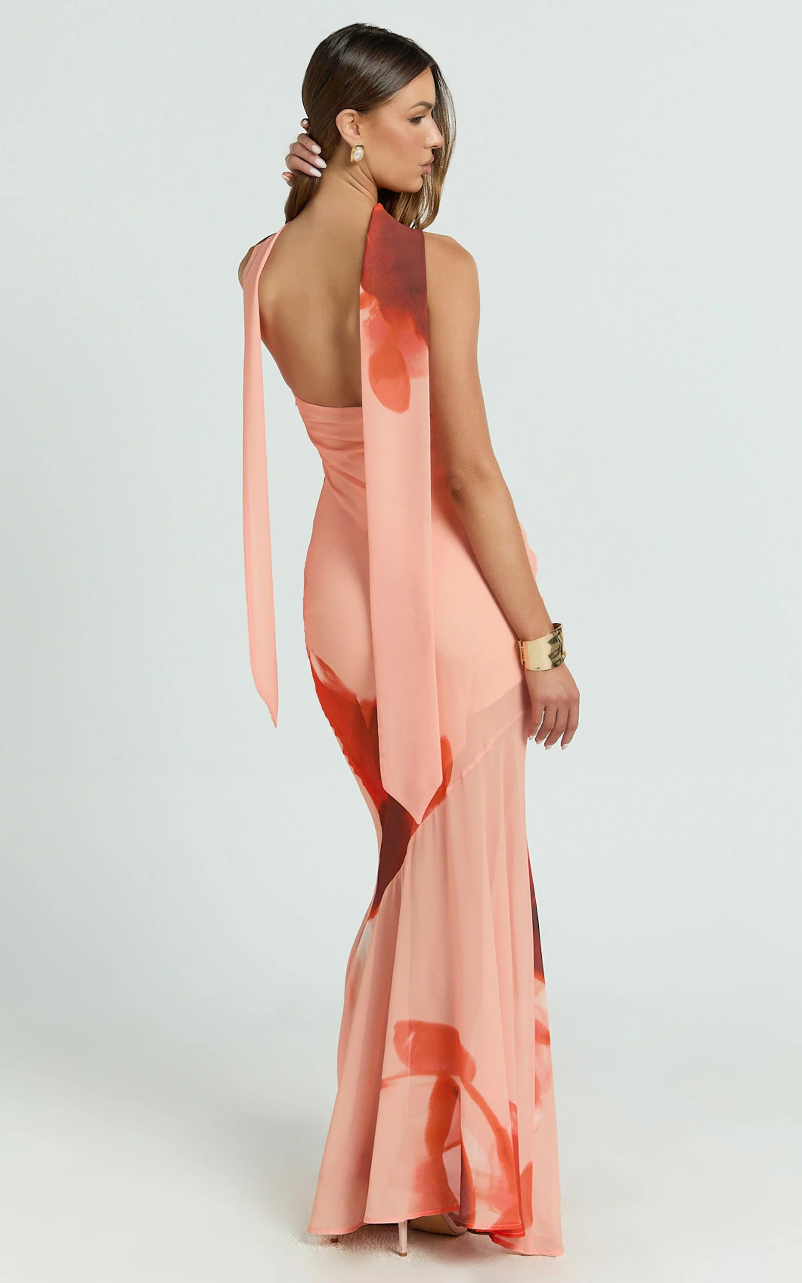 Angie Maxi Dress - Strapless Bias Column Dress with Scarf in Orange
