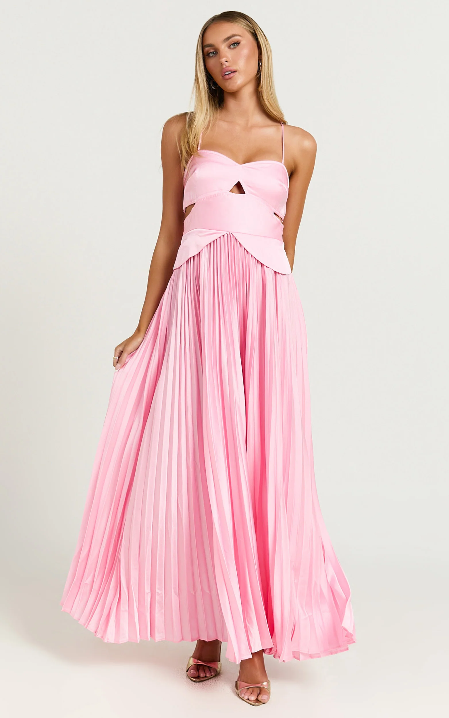 Shay Maxi Dress - Sweetheart Cut Out Pleated Dress in Pink