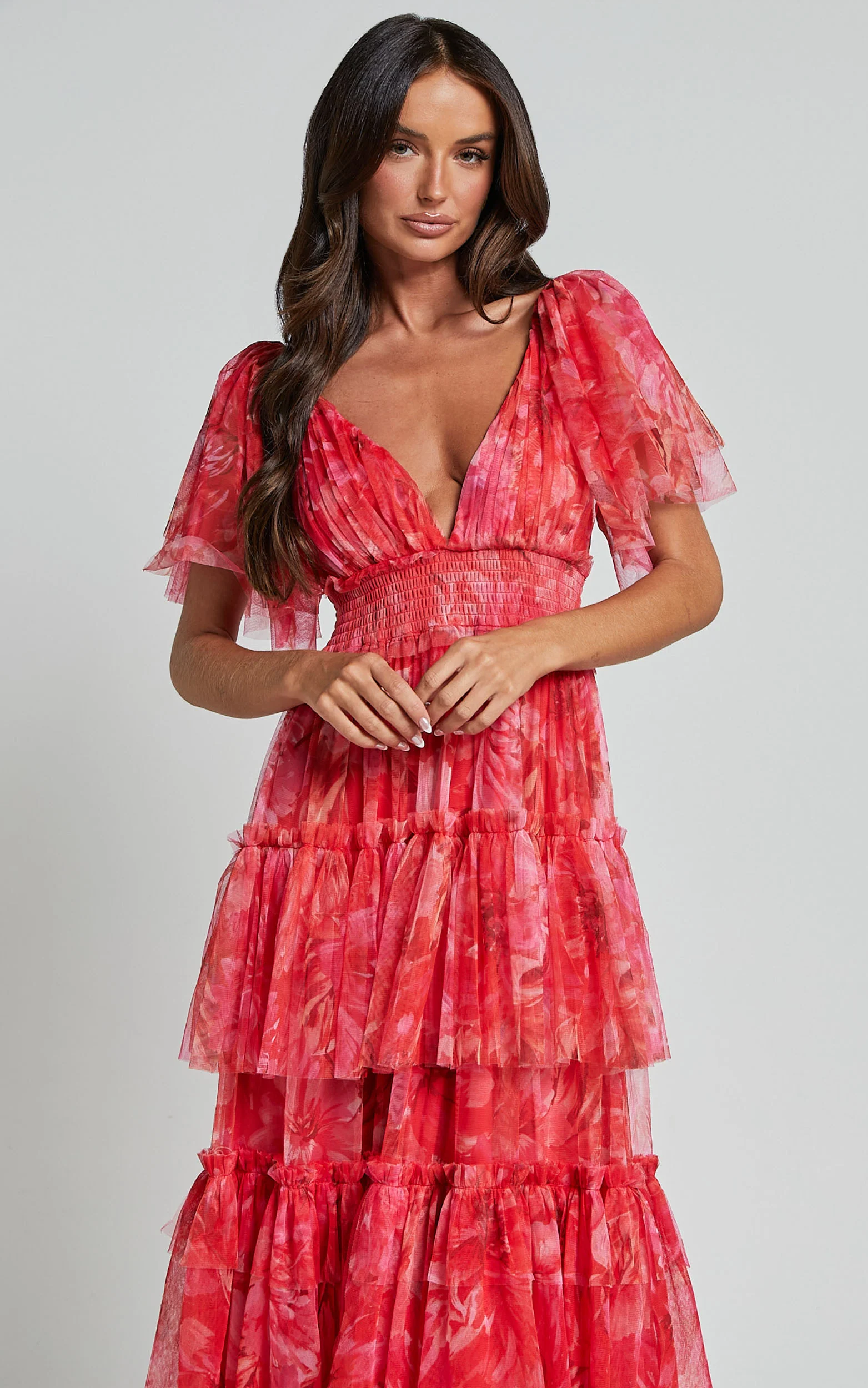 Leianna Midi Dress - Tulle Flutter Sleeve Tiered Ruffle Dress in Sunset Floral