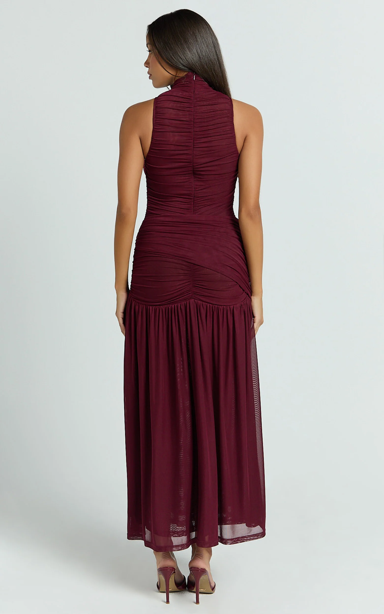 Metzie Maxi Dress - High Neck Gathered Mesh Dress in Burgundy